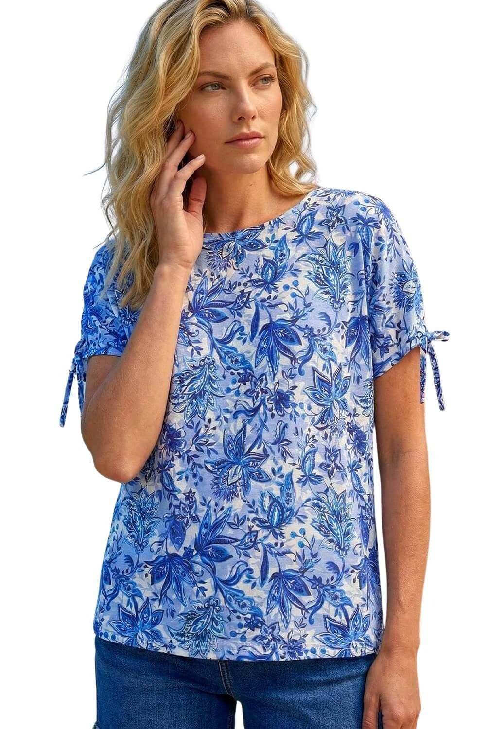Roman Printed Tie Sleeve Top, Blue, Size 12, Women