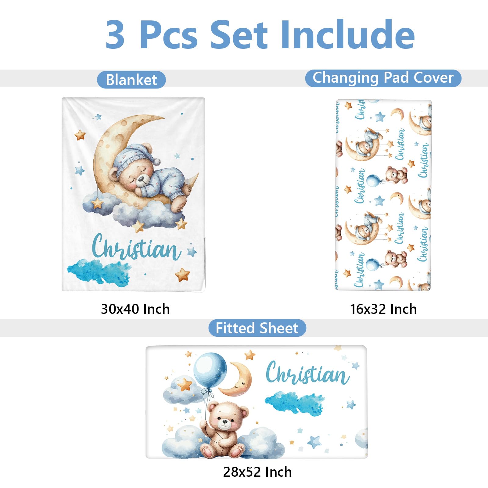 KAINSY Personalized Baby Bedding Set, 3 Pcs Custom Crib Sets with Name, Blue Moon Bear Nursery Bedding Set, Baby Bedding Sets for Boys Girls, Customized Gifts for Toddlers Infants Kids