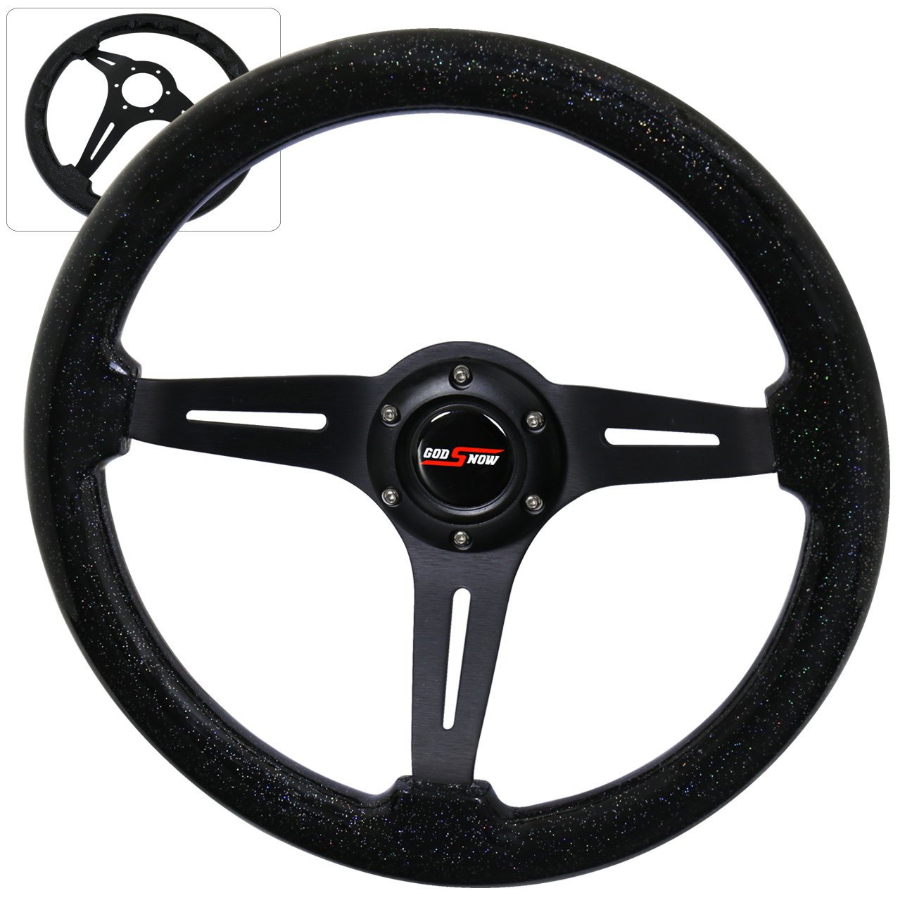 AJP Distributors Universal 345mm 6 Bolt Hole Deep Dish Black Wood Grain Metallic Sparkling Flakes Light Weight 3 Spokes Streak Design Steering Wheel Jdm Godsnow Horn Button Upgrade Drifting Track Drag