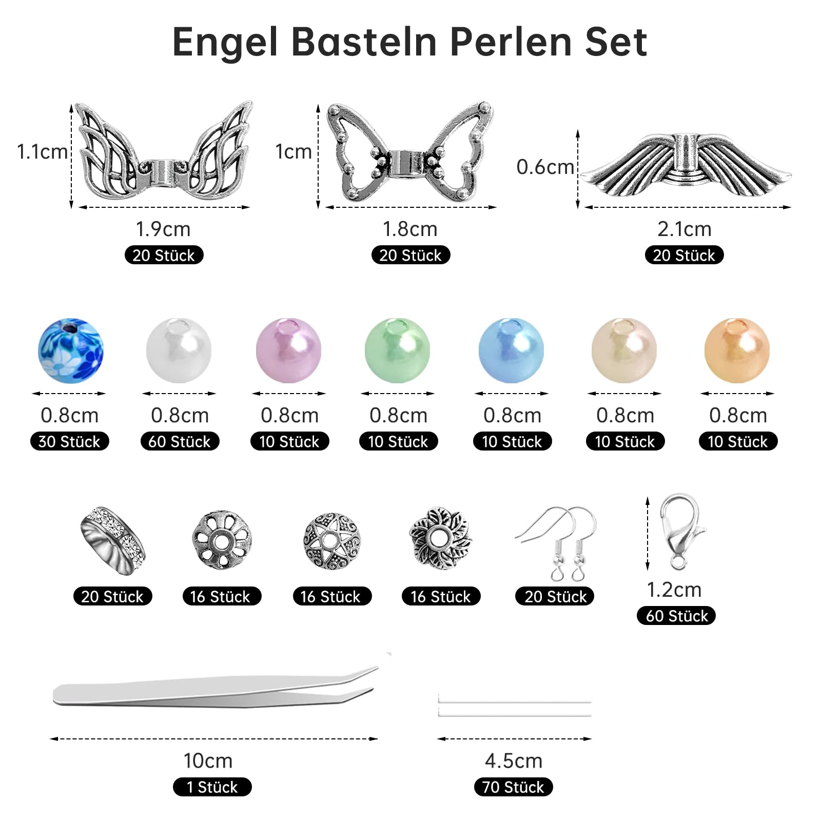 Set di 50 angeli custodi fai da te, con ciondolo a forma di angelo, perline, accessori per bricolage, angelo custode, set per fai da te, ciondoli, portachiavi a forma di angelo (bianco