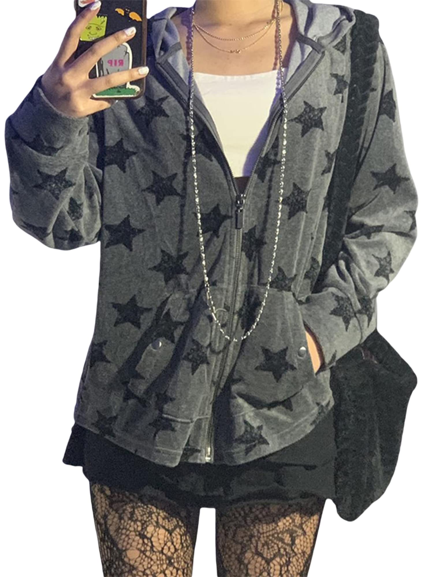 Sexy Outfit Damen Y2k Grunge Star Zip-Up Hoodie Gemütliche Loose Fit Harajuku Streetwear Sweatshirt mit Tasche für Herbst Winter