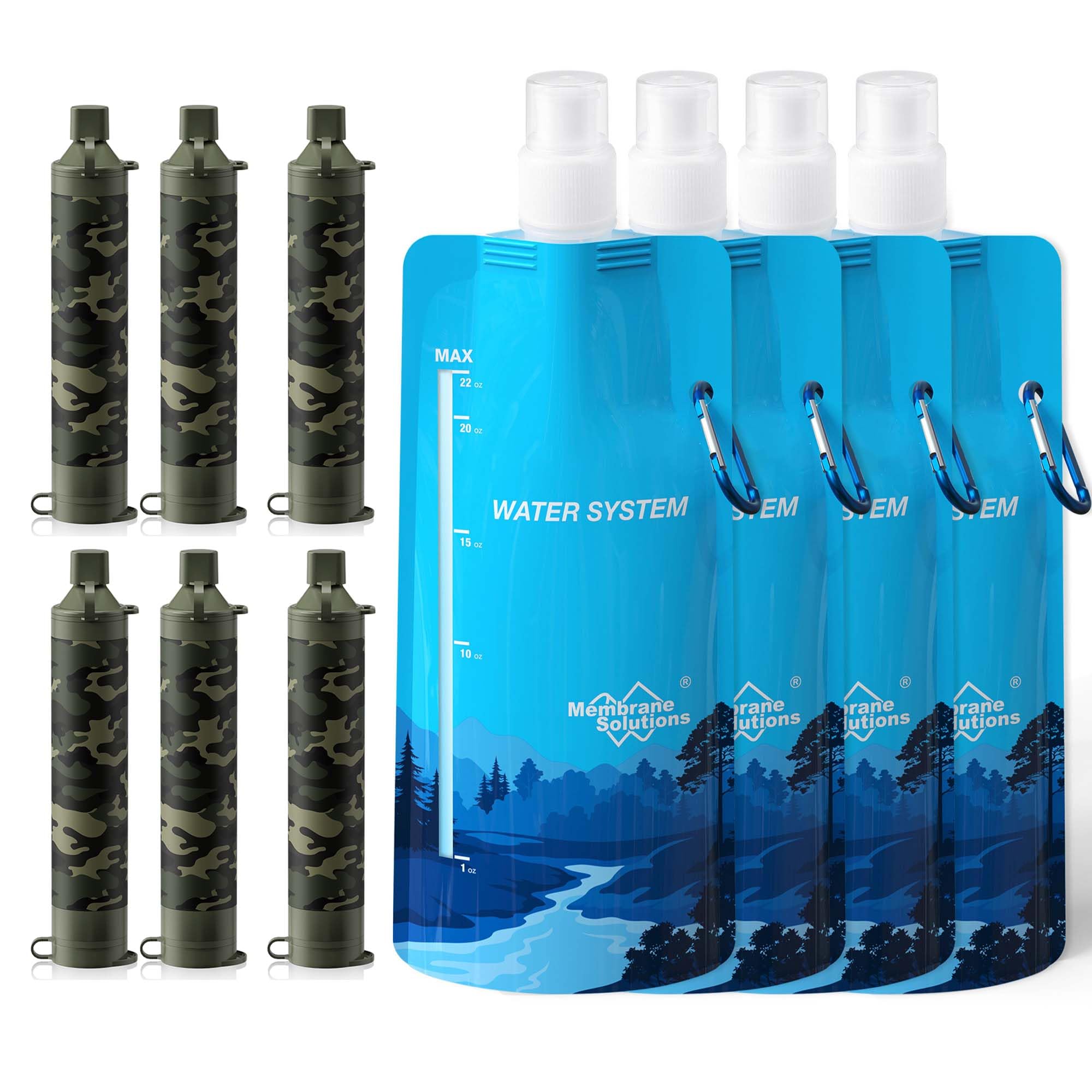Membrane Solutions Squeezable Water Filtration System, Survival Water Purifier Kit, Portable Backpacking Gear Including Water Filter Straw and 23oz Collapsible Bottle for Hiking Camping Travel(6+4)