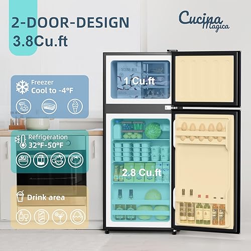 Miniatura 4 de Mini refrigerador con congelador, refrigerador pequeño de 3.8 pies cúbicos, ahorro de energía, bajo ruido, 7 termostatos ajustables, refrigerador