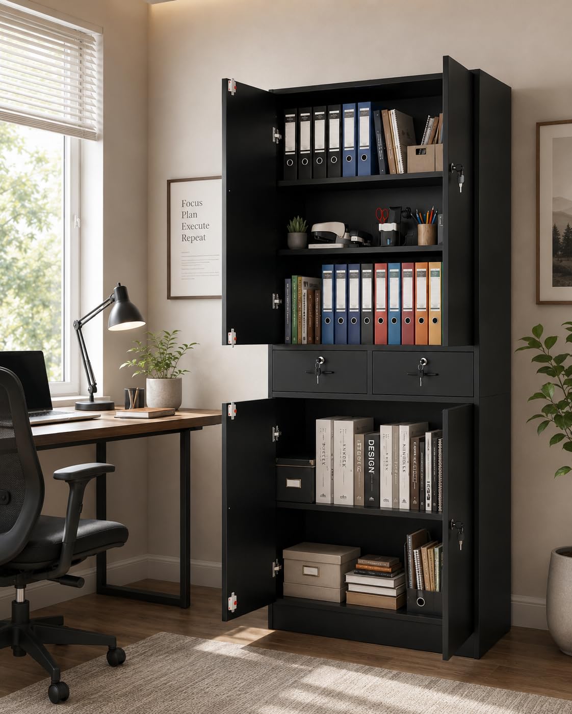 Armadio Alto 200 cm Schedario da Ufficio con Serratura Armadio Multiuso in Legno con 4 Ante 2 Cassetti e Ripiani Regolabili Armadio da Garage Nero 78 x 40 x 200 cm