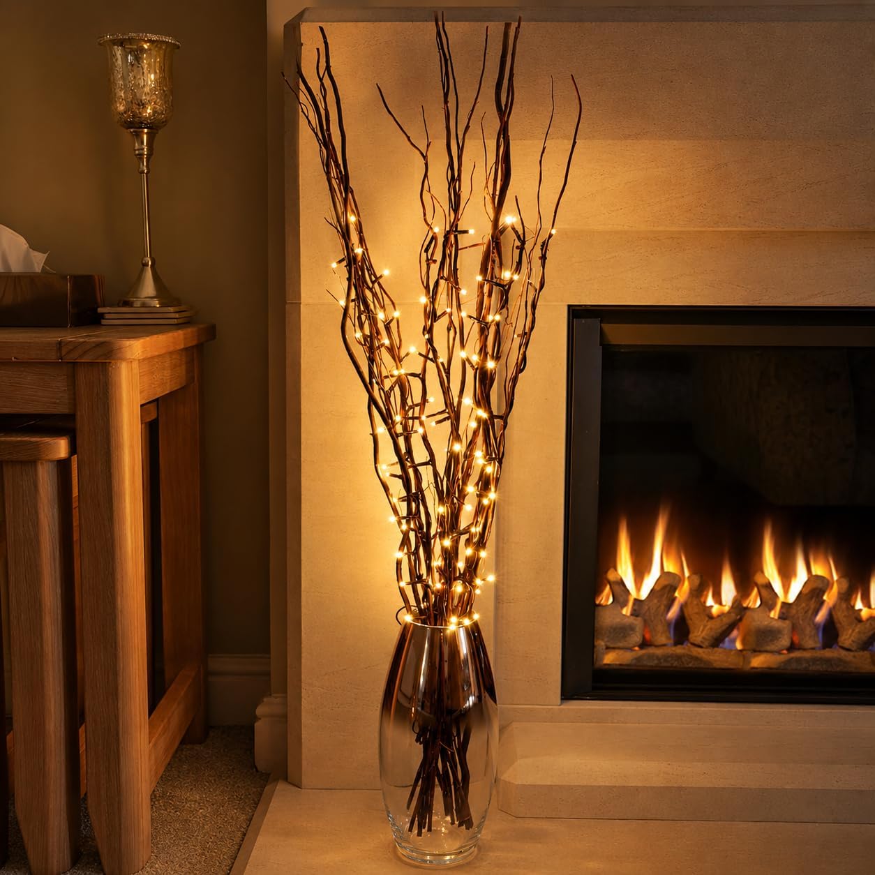 Festive Lights 5 x 87cm Tall Brown Willow Twig Branch Lights – 50 Warm White LEDs – Plug In Mains Powered Indoor Decorative Christmas & Home Accessory – Vase, Table, Bedroom & Living Room Rustic Decor