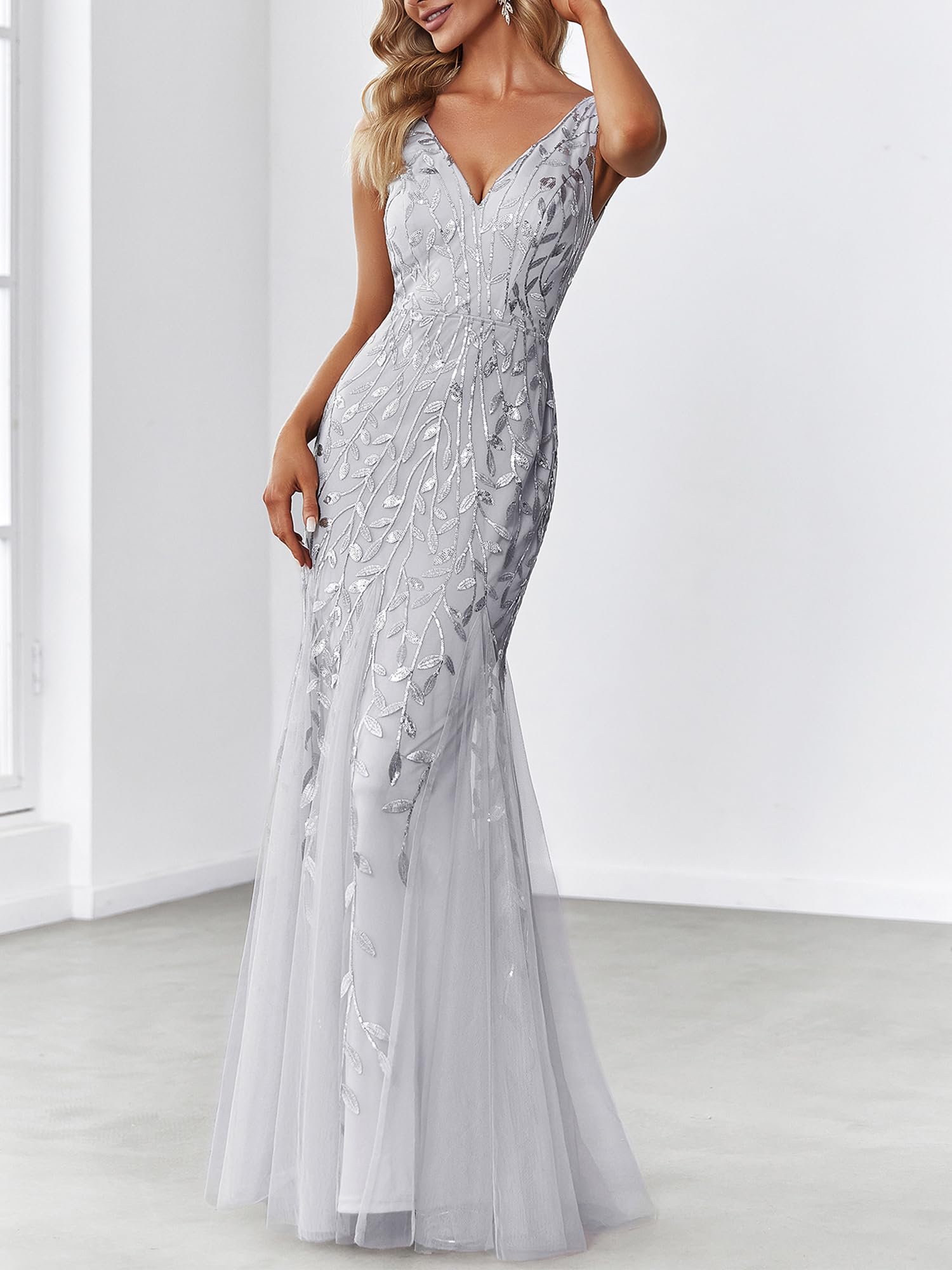 Ever-Pretty Abito da sera lungo da donna con paillettes tulle doppio scollo a V senza maniche sirena 07886