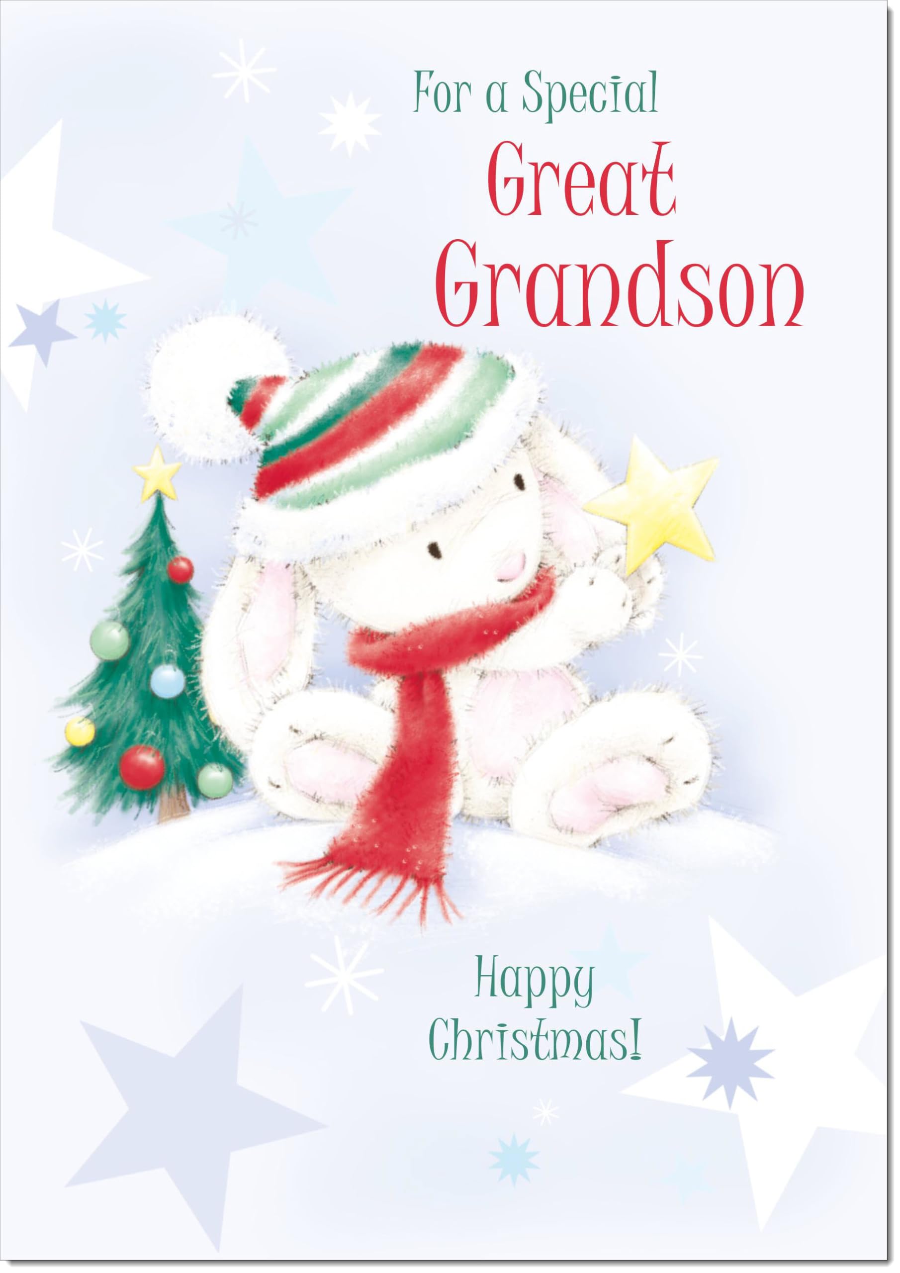 doodlecards Great Grandson Christmas Card Cute Rabbit with Star Large A4 Size Christmas Card for Great Grandson with Plain Envelope — image 1