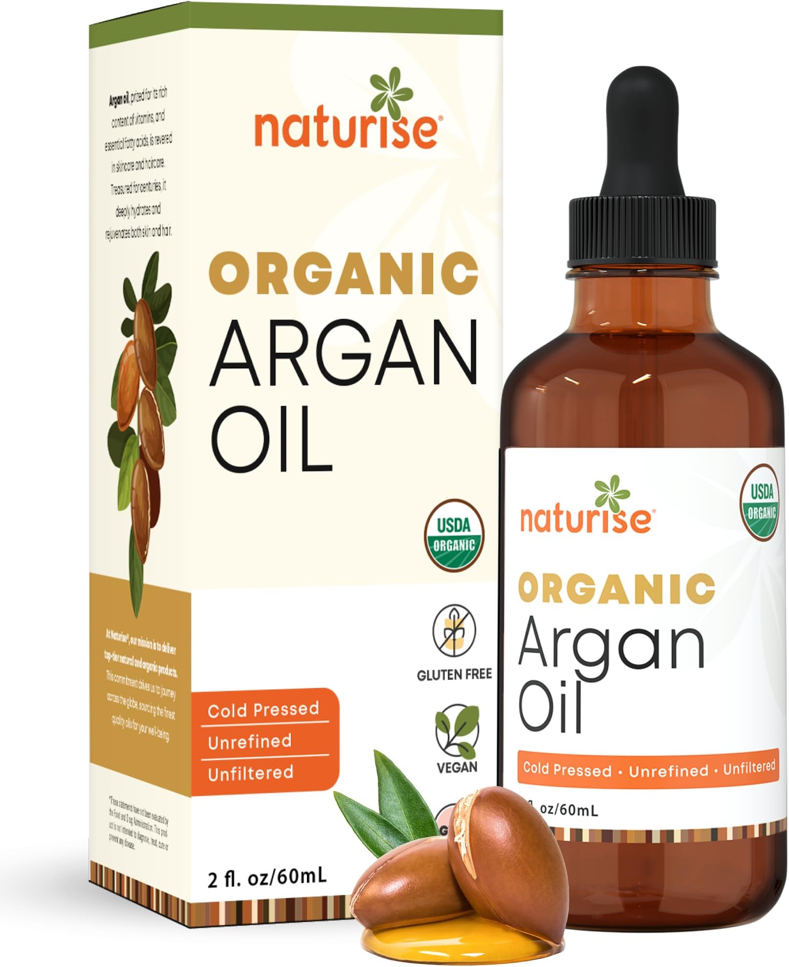 Organic Argan Oil for Hair & Skin – Cold Pressed, Unrefined, Pure Argan Oil of Morocco for Face Skin Moisture & Hair Growth – Non-GMO, Gluten Free Oils with Vitamins & Fatty Acids (2 fl. oz.)