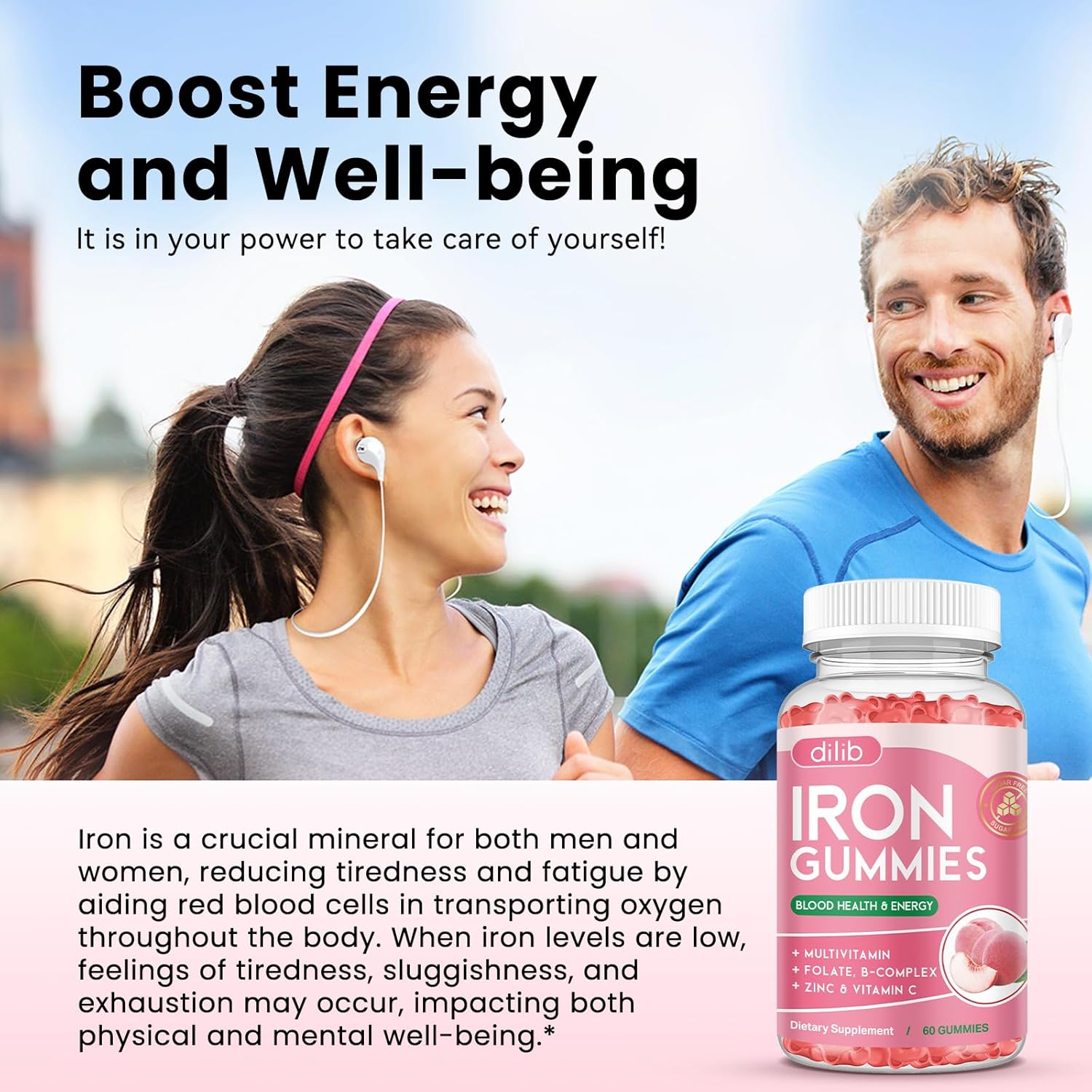Iron Gummies with Multivitamin, Iron Supplement for Women & Men, Kids Multivitamin with Zinc, Vitamin B Complex & C, B12, Folate - Blood Builder, Energy Support, Peach Flavor, Vegan 120 Gummies