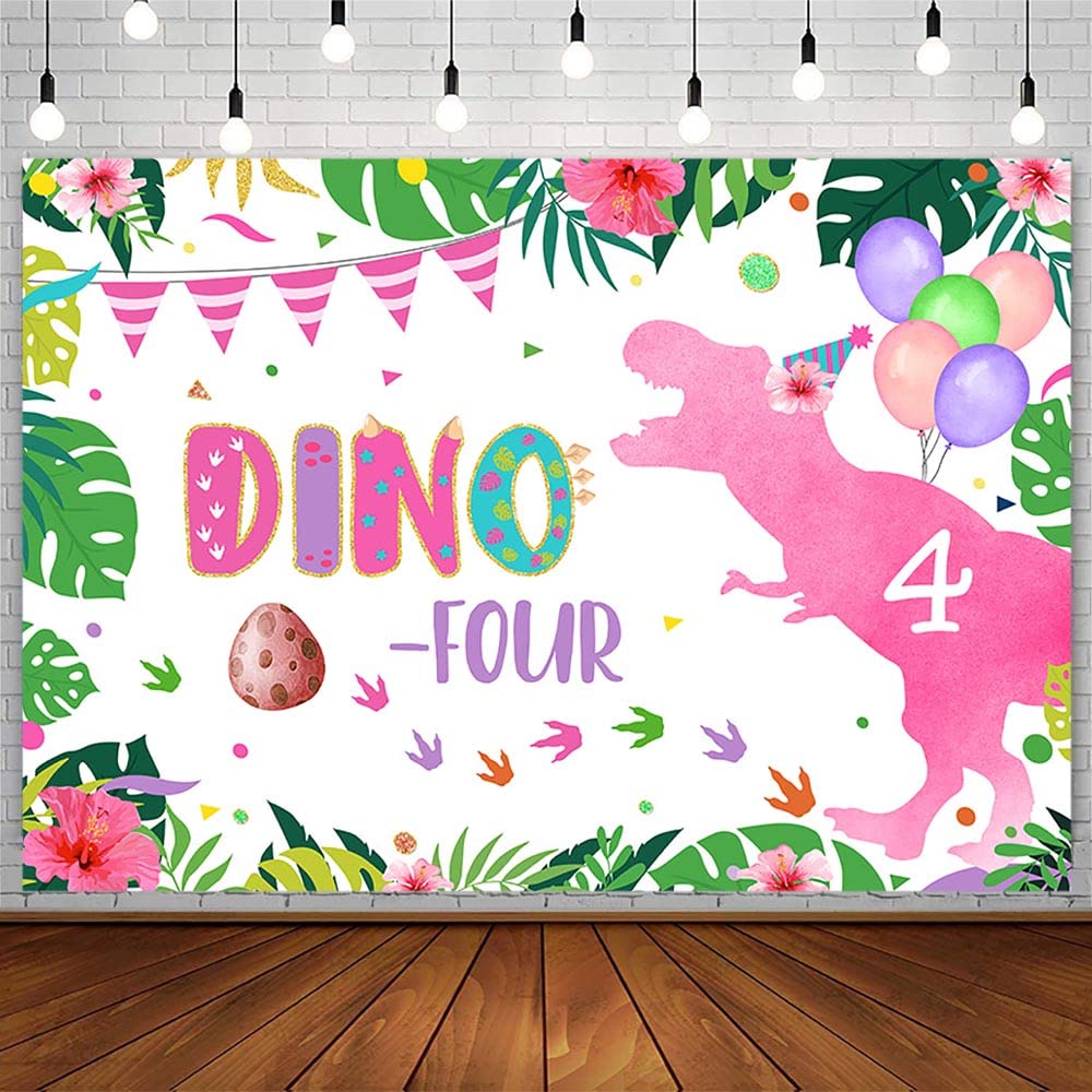 AIBIIN 7x5ft Dino Four Birthday Backdrop for Girl Dinosaur Roar I'm 4 Happy 4th Birthday Party Decorations Forest Jungle Egg Pink Balloon Confetti 4