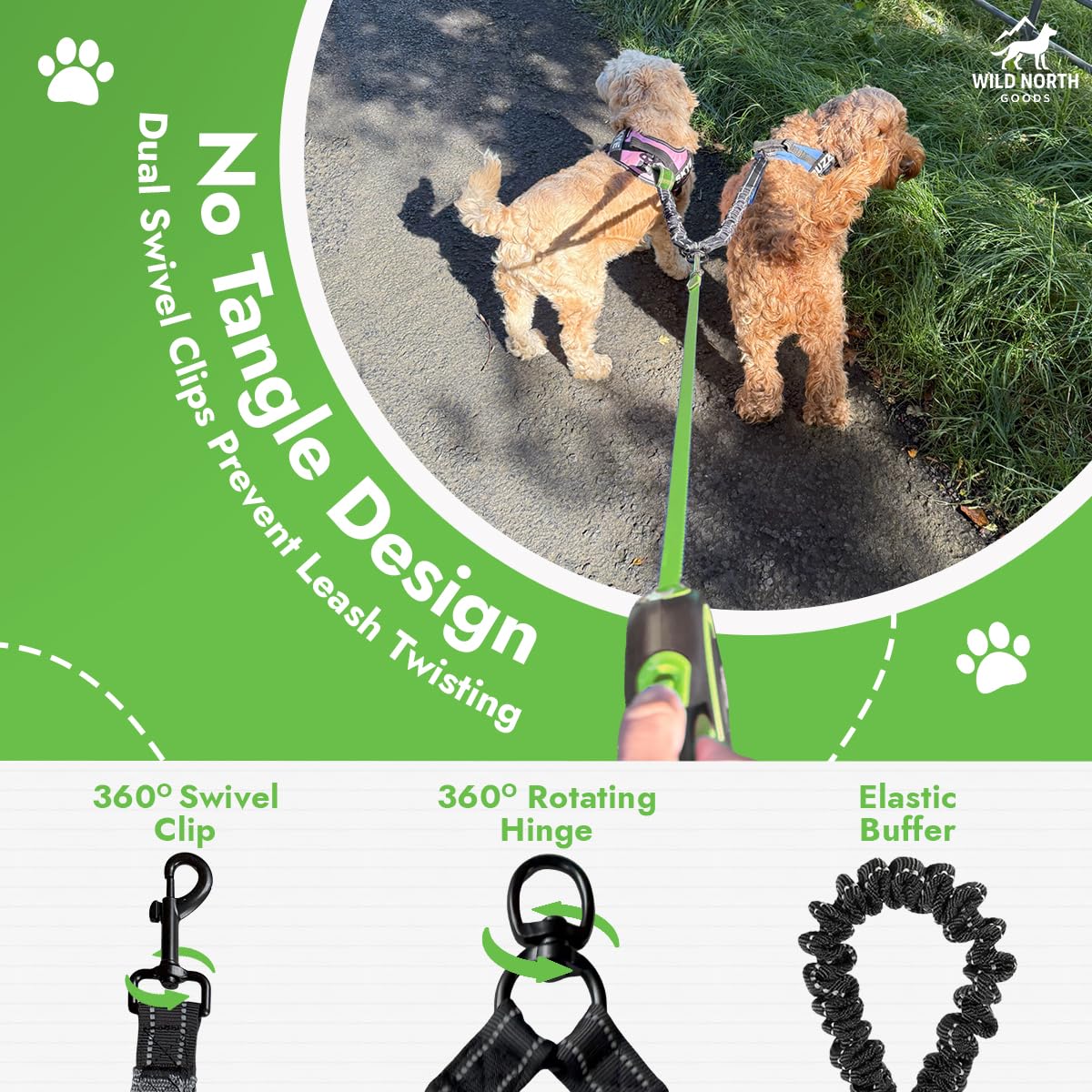 Wild North Goods Dual Dog Lead Set, 5m Retractable Extendable Lead with 50kg Strength + Detachable Double Dog Splitter Leash - Image 2