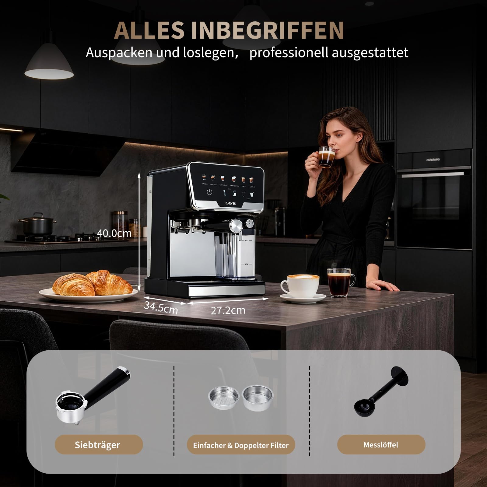 Máquina portafiltro 20 bar 1450 W, doble caldera, espumador de leche automático y autolimpieza, máquina de café espresso con depósito de agua de 2 litros, depósito de leche de 500 ml, 6 programas +