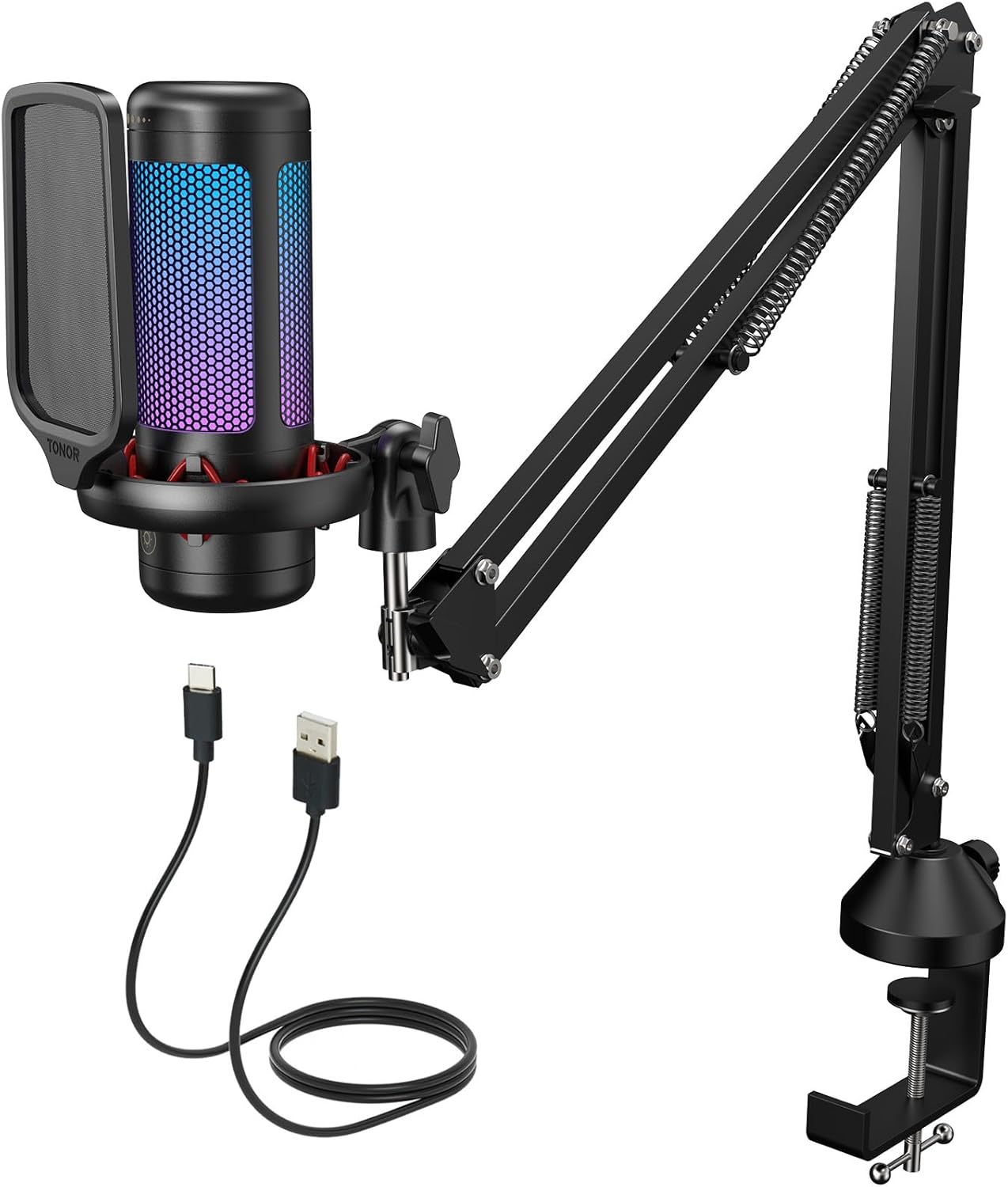 TONOR TC310+ Microphone Set components including microphone, pop filter, boom arm, and cables.