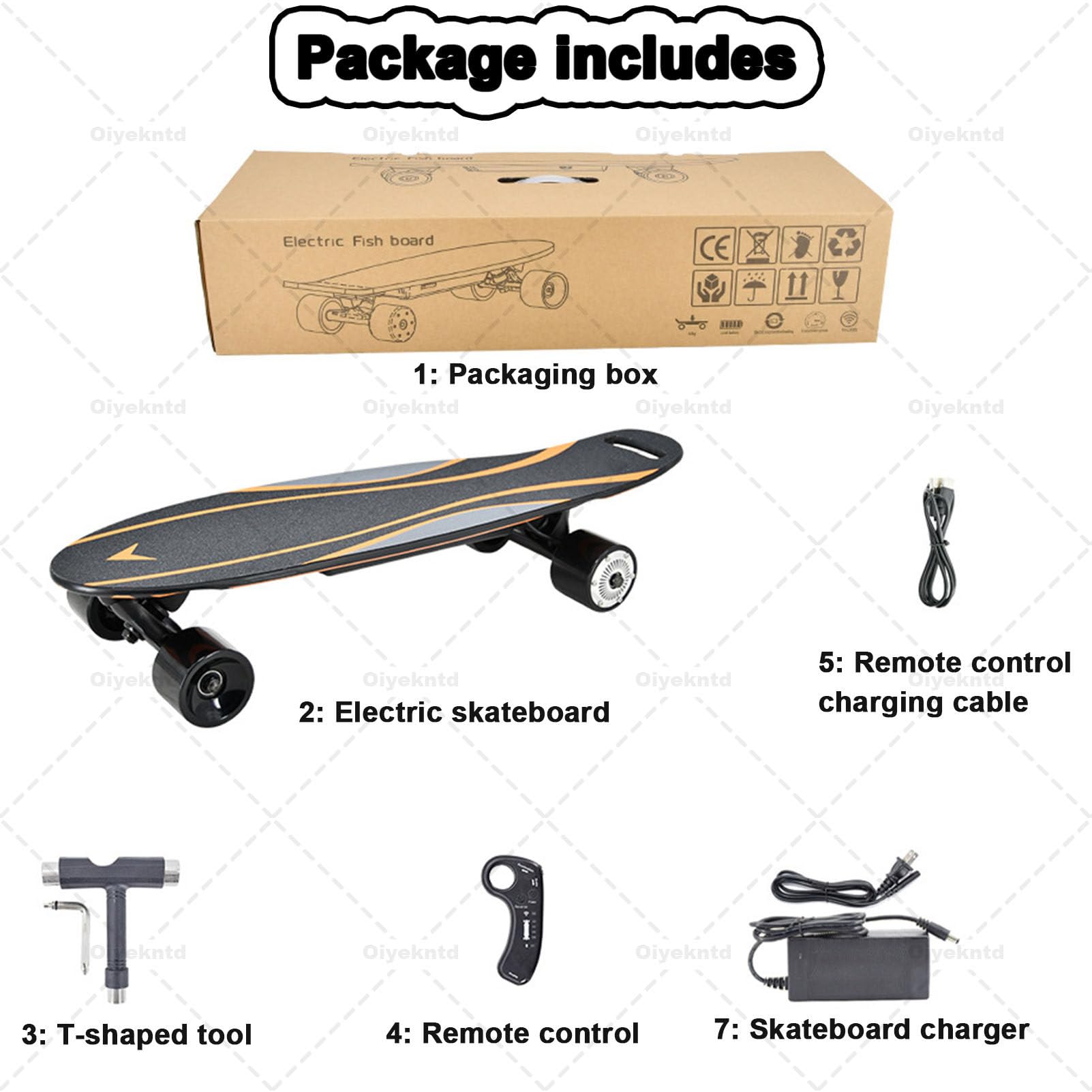 Skateboard électrique avec télécommande, vitesse maximale de 15 km/h, autonomie de 15 km, charge maximale de 60 kg, 4 vitesses, plateau en érable 8 plis - Longboard électrique pour tous Orange