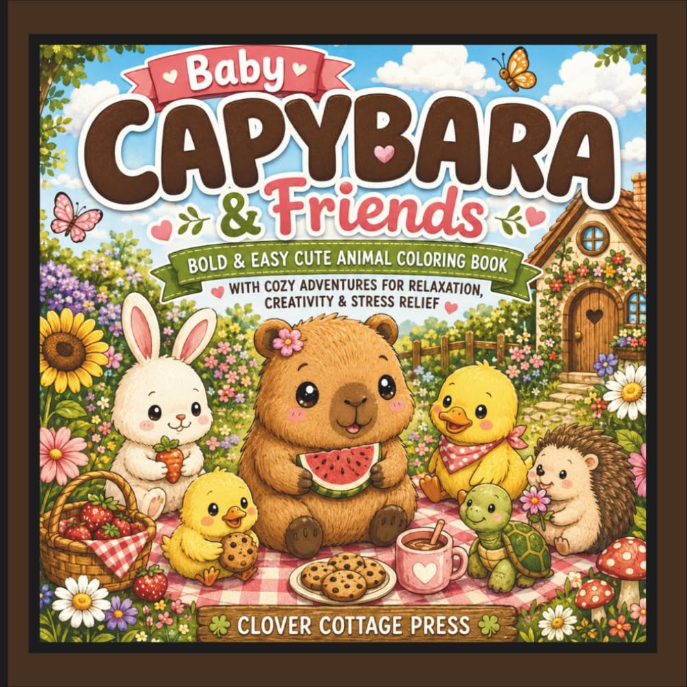 Baby Capybara and Friends Bold and Easy Cute Animal Coloring Book: Cute Animal Coloring Book Featuring Adorable Baby Capybaras, Woodland Friends & Cozy Cottage Core Scenes