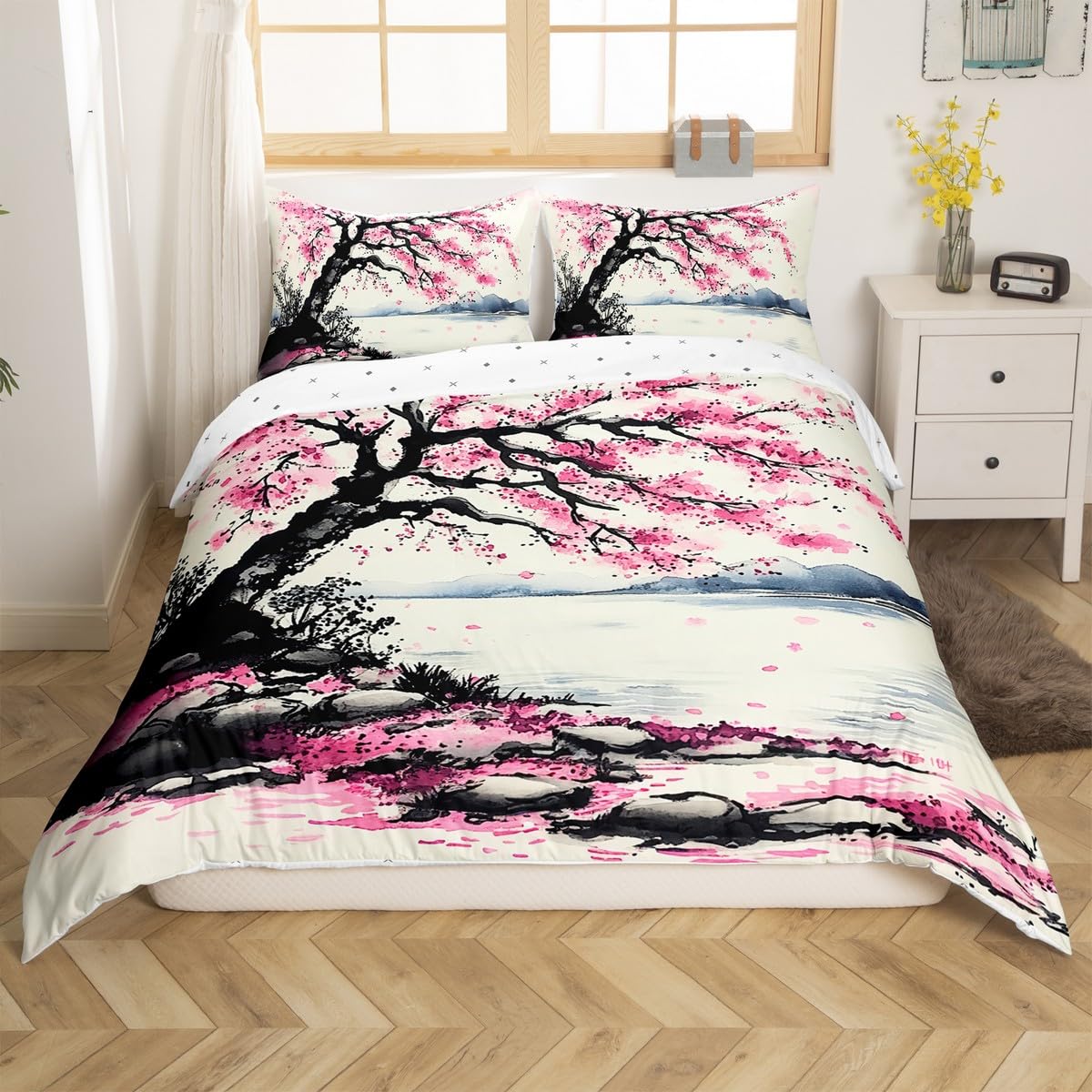 Homemissing Cherry Blossoms Duvet Cover Set Double Size For Kids Adult Girls Women Japanese-Style Bedding Set Watercolor Ink Painting Comforter Cover with 2 Pillowcases Pink Flowers Landscape Bed Sets — image 1