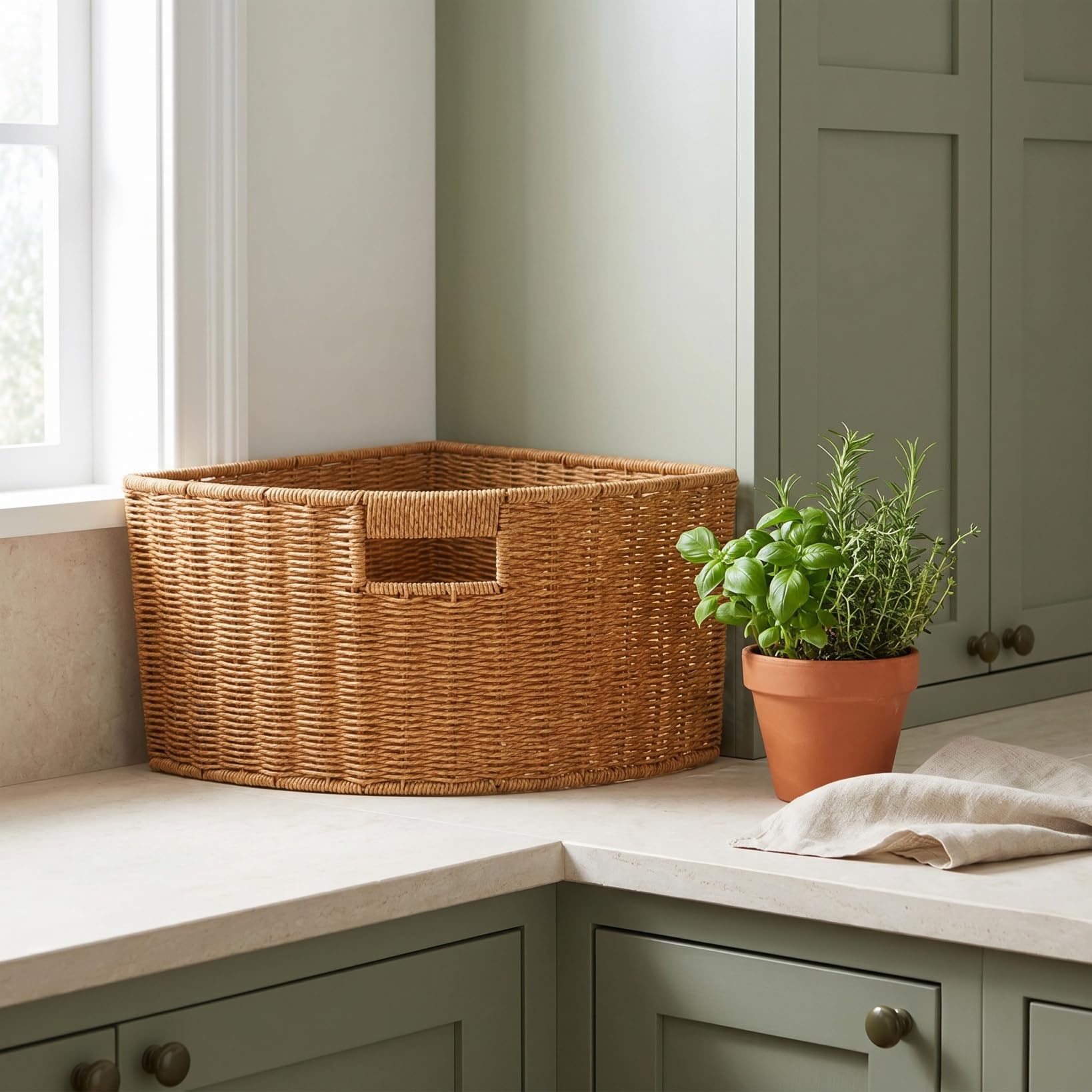 Toyvian Cesto portaoggetti triangolare in finto rattan, cesto portaoggetti angolare per armadio, per armadi, bagno, camera da letto e armadio, organizer leggero per la casa