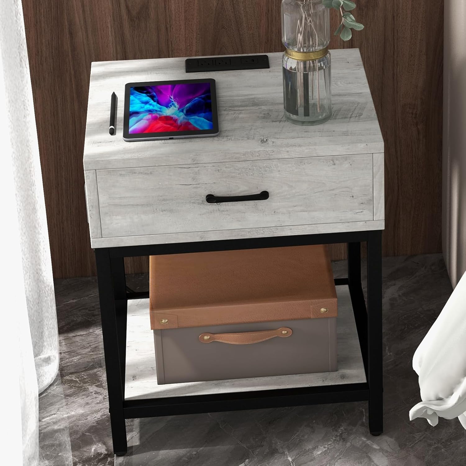 Gyabnw Nightstand with Charging Station-End Storage Drawer, Side Table with USB Ports and Outlet, Sleek Design for Bedroom Home Living Room, Grey - Image 2