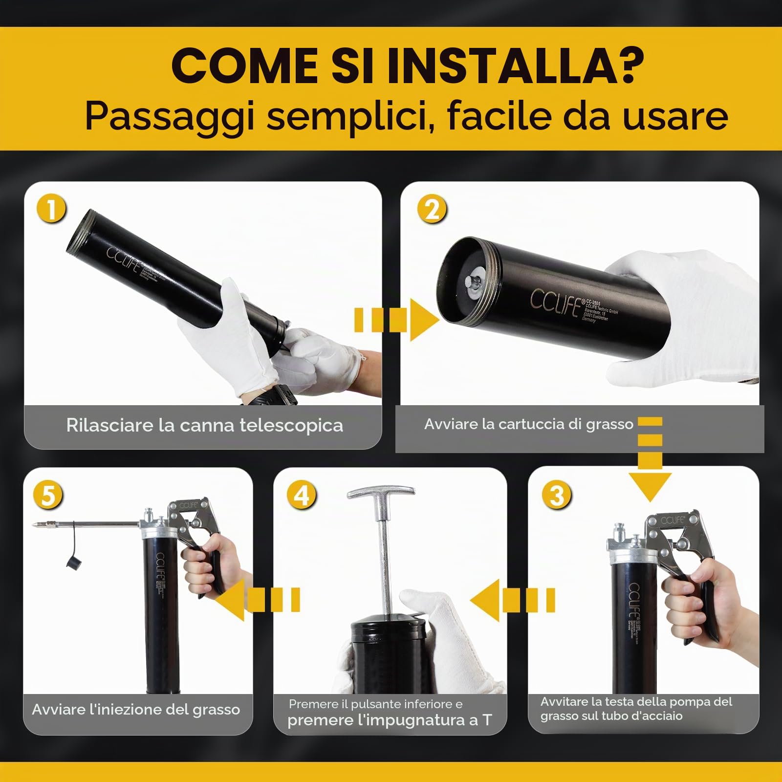 CCLIFE Ingrassatore Manuale 6000 PSI Pompa ingrassatrice professionale per cartuccia da 400 g, Tubo Flessibile, Prolunga in Metallo