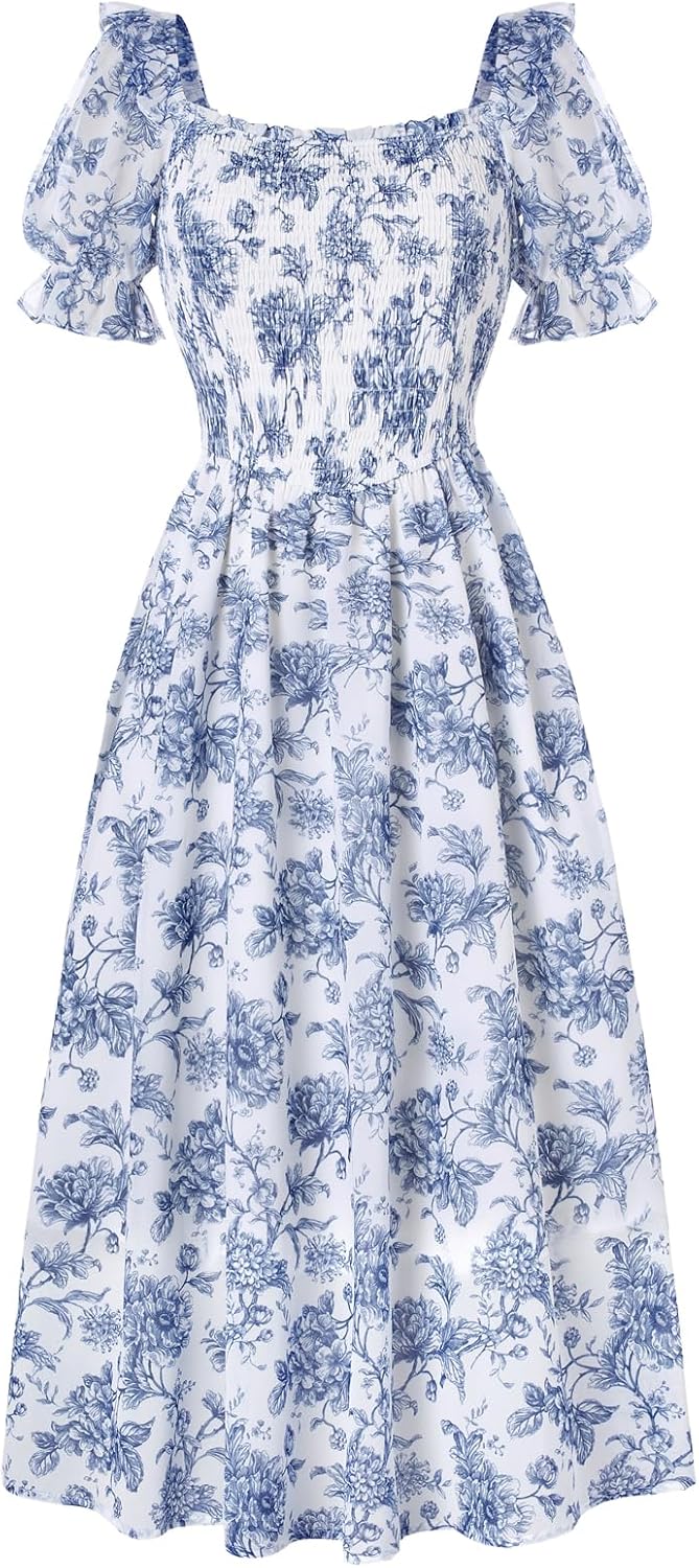 Scarlet Darkness Floral Dress for Women Summer Puff Sleeve Square Neck A Line Flowy Wedding Guest Tea Party Dresses