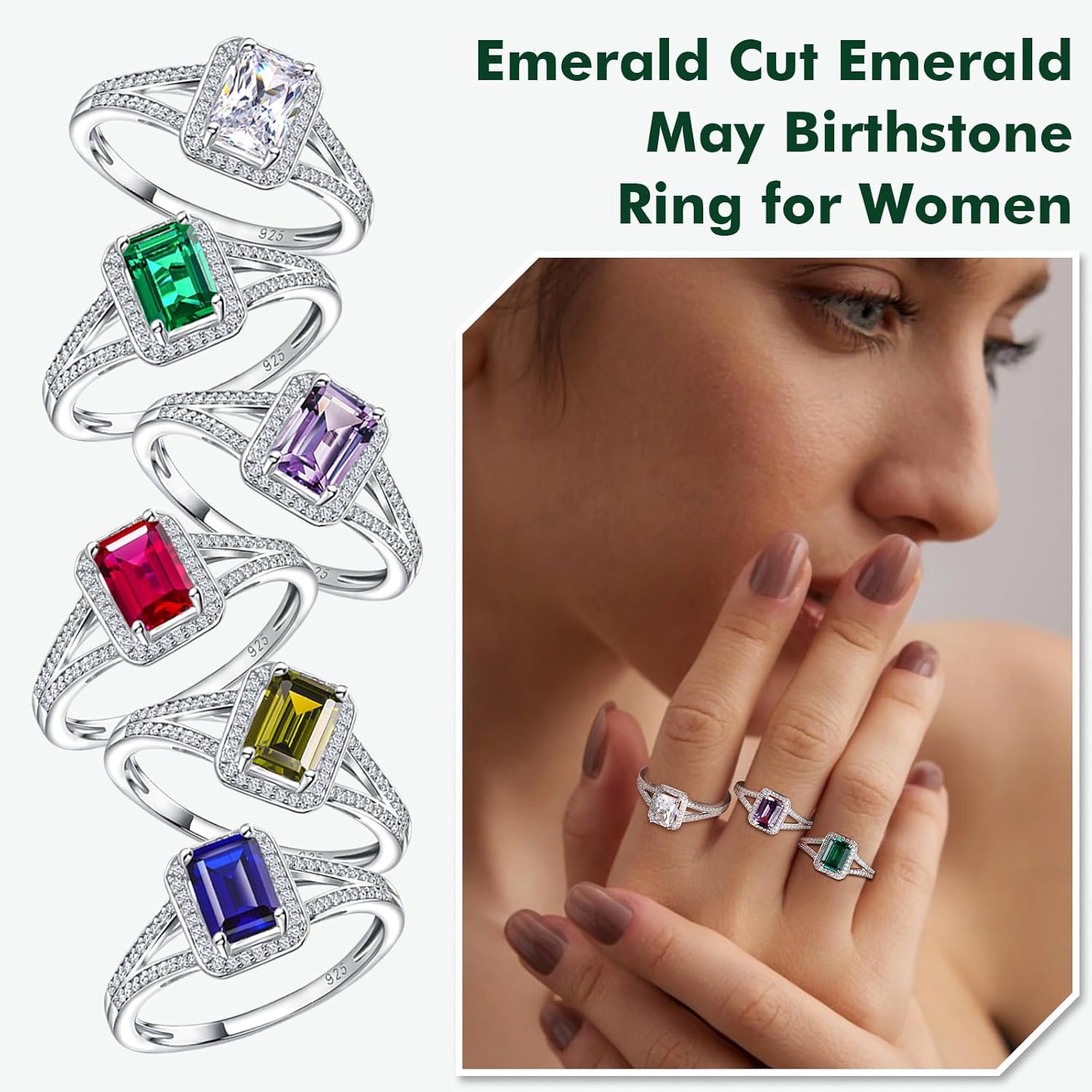 925 Sterling Silver Emerald Cut Engagement Ring Created Gemstome Cubic Zirconia Wedding Promise Ring Split Shank Halo Birthstone Rings for Women Size 6-10 - Image 3