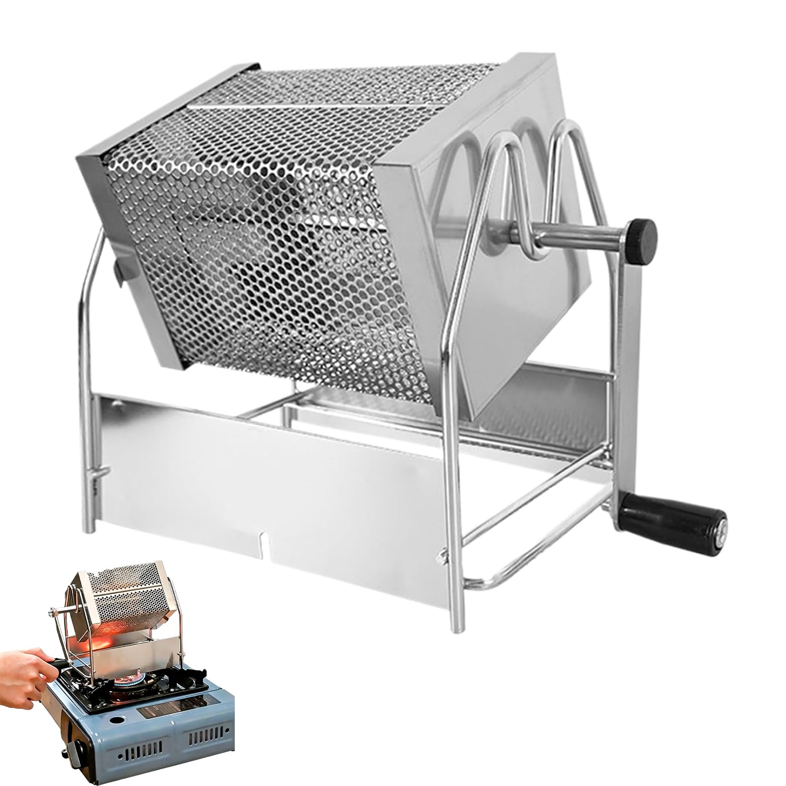 Máquina tostadora de café en acero inoxidable con manivela ergonómica para calor uniforme
