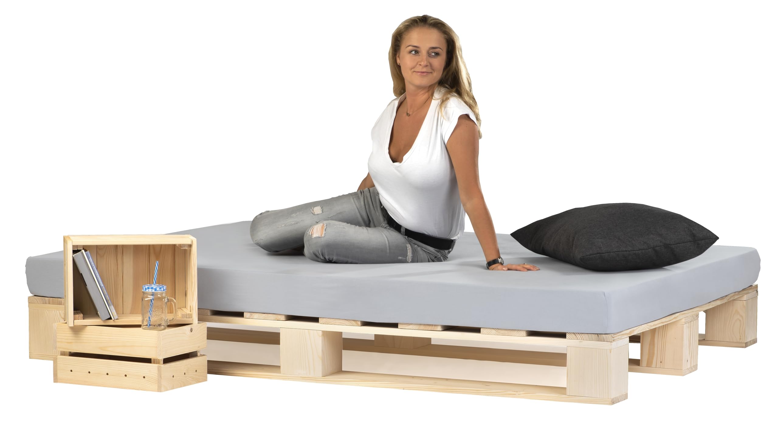 Palettenbett M1 aus Holz 140 x 200 cm Natur mit Lattenrost Holzbett 20cm Stabiles Seniorenbett Kinderbett Jugendbett Gästebett erhöhtes Einzelbett Bettgestell Futonbett Komforthöhe Naturholz
