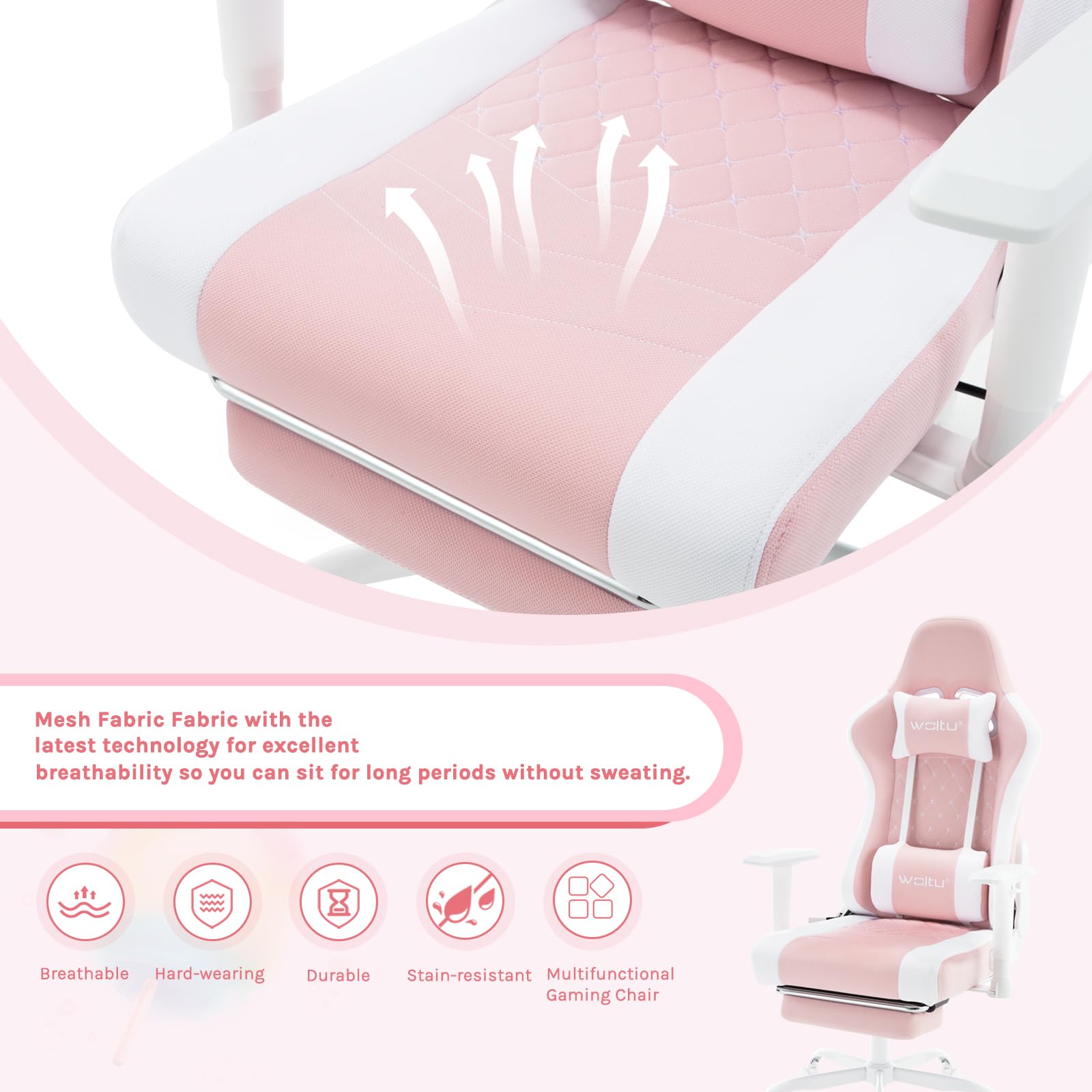 WOLTU Silla Gaming con Masajeador, Silla Ergonómica Escritorio, con Reposacabezas y Soporte Lumbar, Asiento Ancho, 150 kg, Tela de Malla, Rosa+Blanco