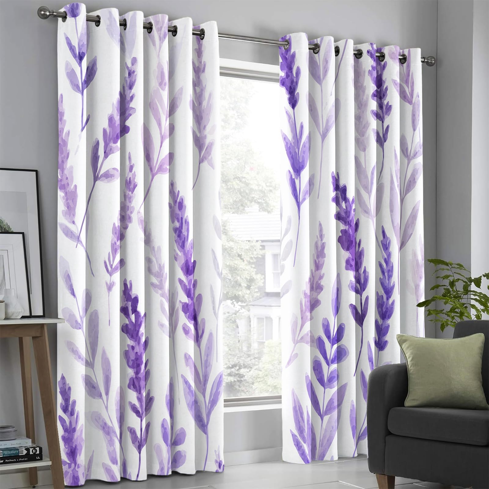 Dsrdrfg Multicolor-1 Purple Lavender Flowers Blackout Curtain 110X180cm/43X71in(Wxh) Watercolor Botanical Floral Window Curtain For Living Room Bedroom Kitchen, Elegant Thermal Insulated Drapes, 2 Panels