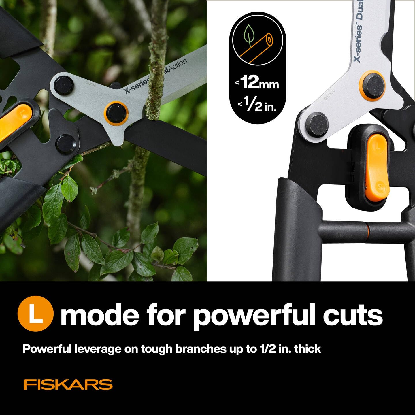 Fiskars X-series DualAction Tijeras cortasetos HSX96, Modo 2en1 para cortes rápidos o potentes, Cuchillas de acero con revestimiento antiadherente/Mangos FiberComp, Negro/Naranja, 1080134