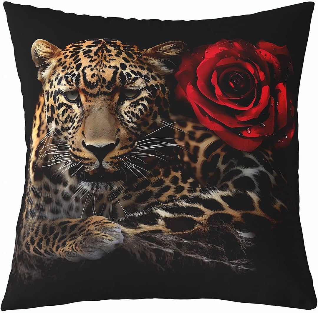 Feelyou Leopard Pillow Cover 24x24 Cheetah Rose Floral Print Decorative Throw Pillow Cover Case Home Decor Wild Animal Botanical Flowers Pattern Red Brown Cushion Case for Couch Sofa Outdoor