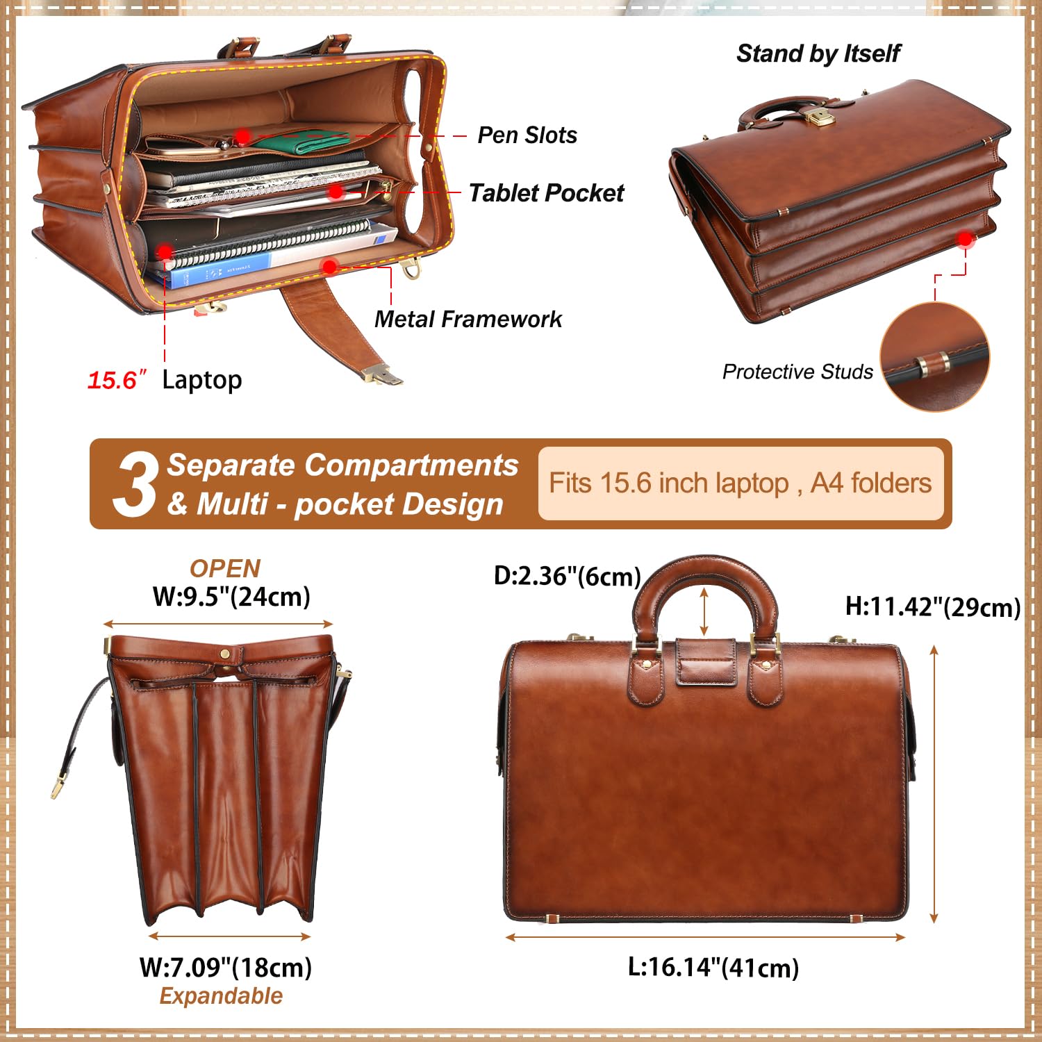 Banuce Maletín de cuero vintage para hombre con cerradura de 15.6 pulgadas, maletín de abogado, bolsa de médico, funda rígida, Marrón, Talla única