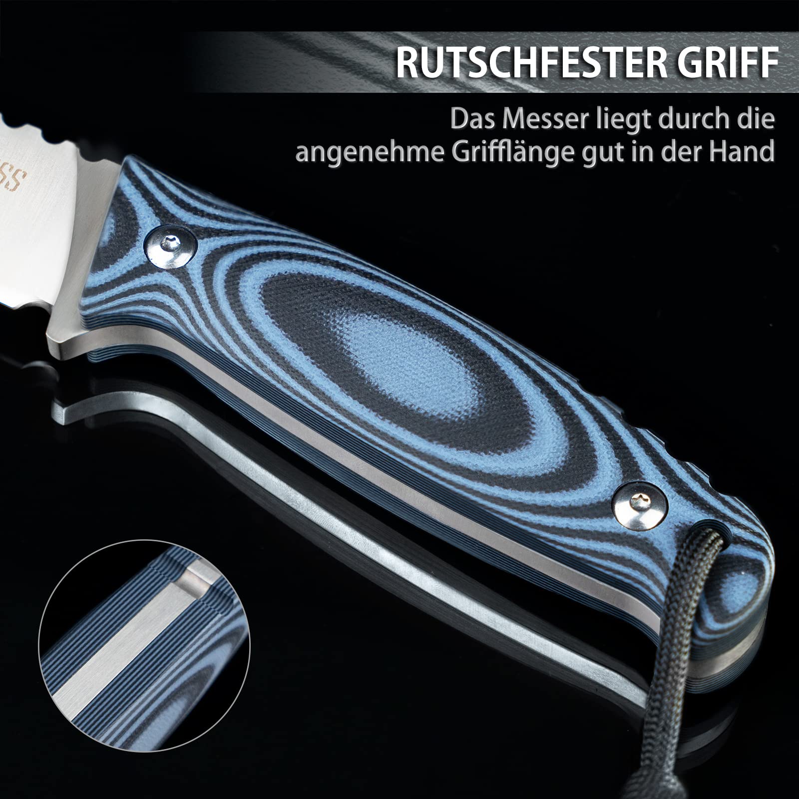 NedFoss Outdoor Messer mit Kydex Holster, Bushcraft Messer 9cm Klingenlänge | Fulltang Jagdmesser Fahrtenmesser, scharfes rutschfestem G10 Griff, Schwarz