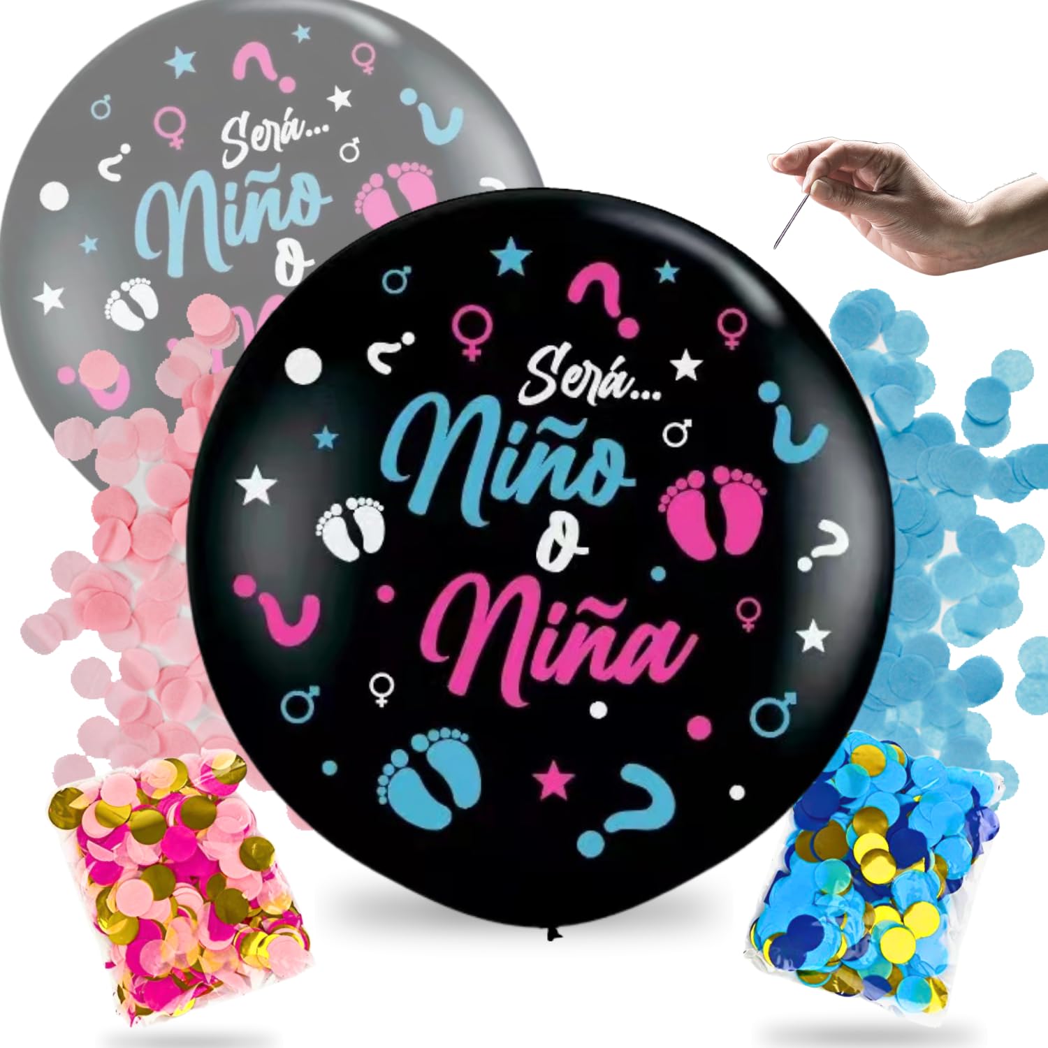 Globo Negro Niño o Niña de Revelación de Sexo Bebe en Español - Genger Reveal - Sorpresa Embarazo - Celebracion fiesta (2 UNIDADES)