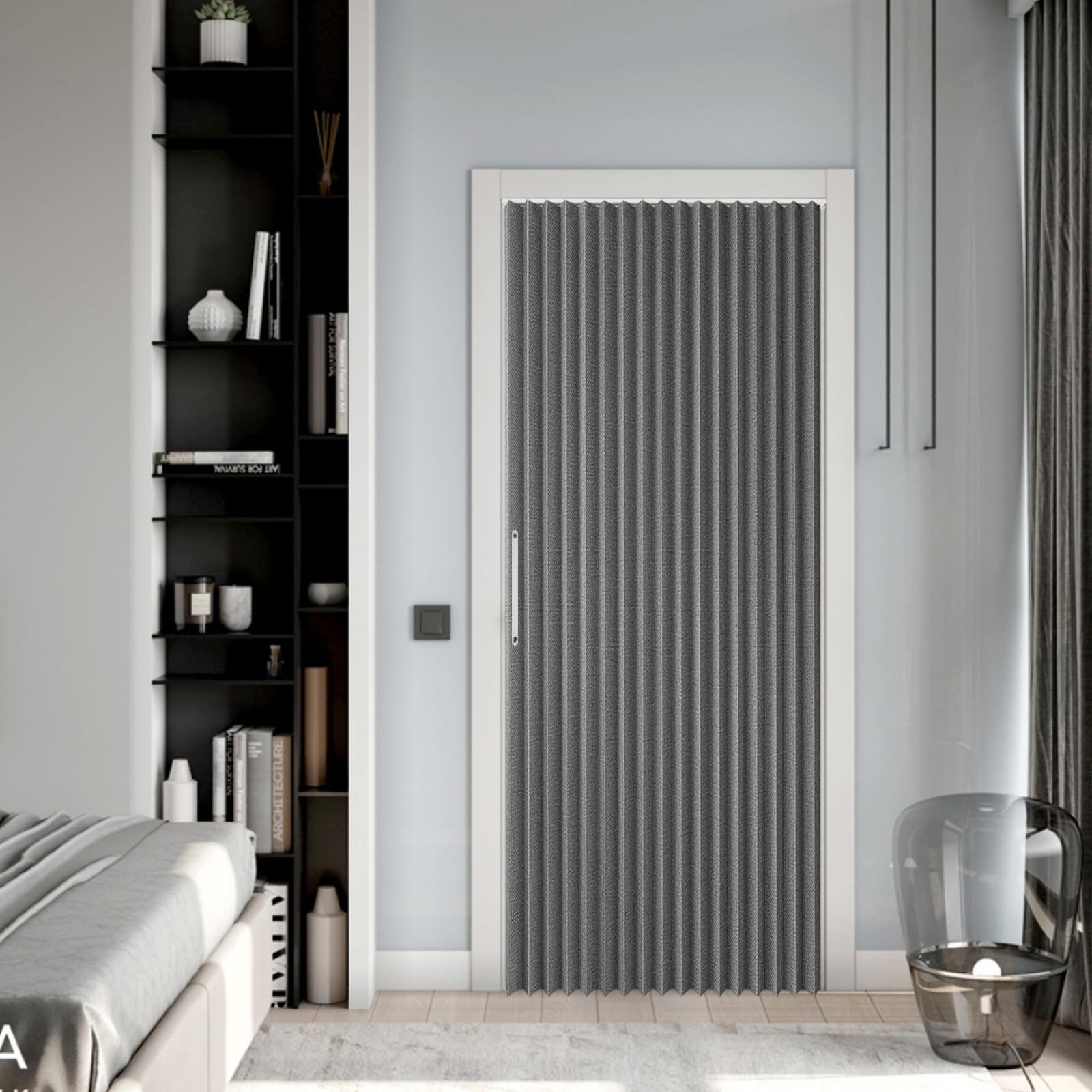 Magnetischer Türvorhang, 120x200cm Faltbarer Raumteiler Vorhang, Verdunkelung Falttüren Innentüren, Falttür Ohne Bohren mit Klebeschiene, Haken, für Schränke/Bad/Schlafzimmer/Wohnzimmer (Grau)