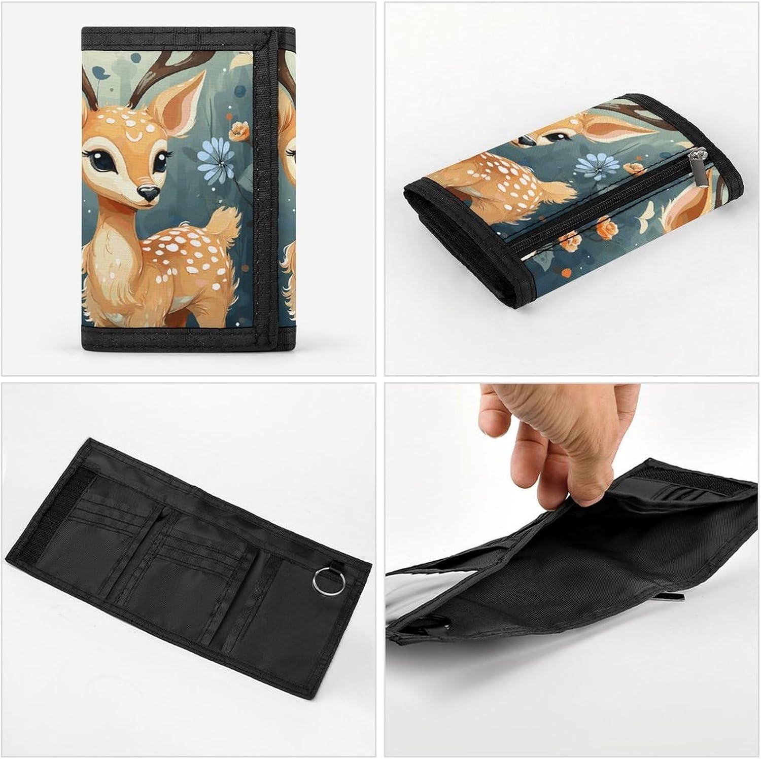 Trifold Canvas Wallet with Keychain, Modern Fashion Credit Card Holder Wallet for Men Women, Cartoon Deer Flower Slim Wallets W/Zipper Coin Pocket, Novelty Birthday Gift