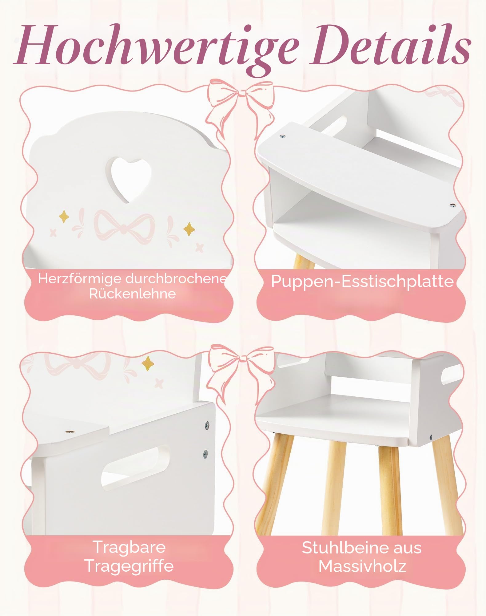ROBOTIME Holz Puppenhochstuhl, mit festem Tablett für 16-18 Zoll Puppen, Puppenhochstuhl Möbel, Holz Möbel für fantasievolles Füttern, Ballet Fairy Serie – Rosa