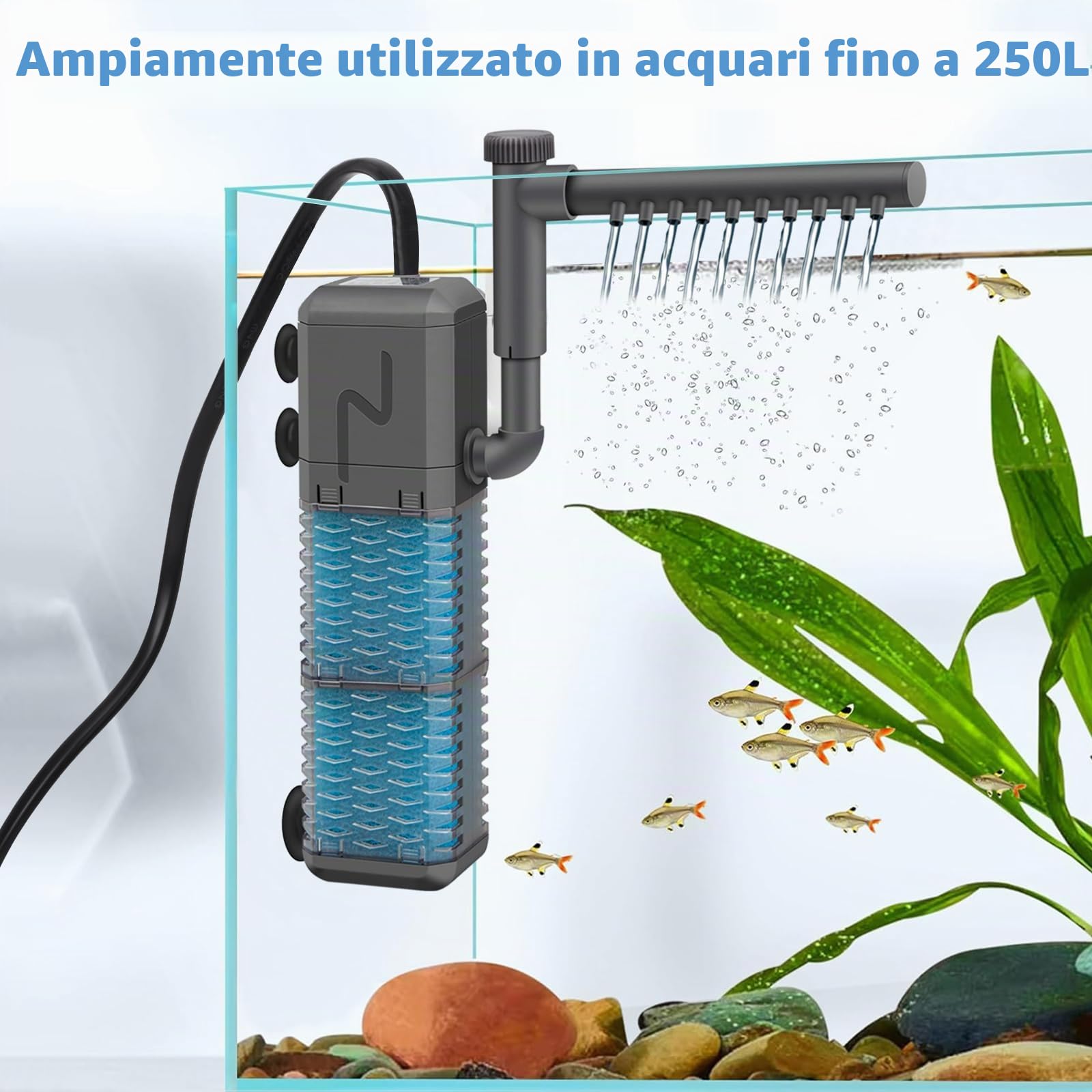 Filtro per Acquario, Pompa Filtro Acquario Regolabile 800L/H, Filtro Interno Acquario Pesci Silenzioso 9W, Filtro Acquario Pesci con Spray Bar, Utilizzato Piccoli Serbatoi Pesci Sotto 250L.