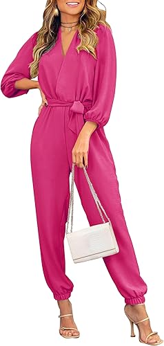 PRETTYGARDEN Women's Fall Jumpsuits Dressy Casual Pants Romper Spring Long Sleeve V Neck Belt Pockets One Piece Outfits