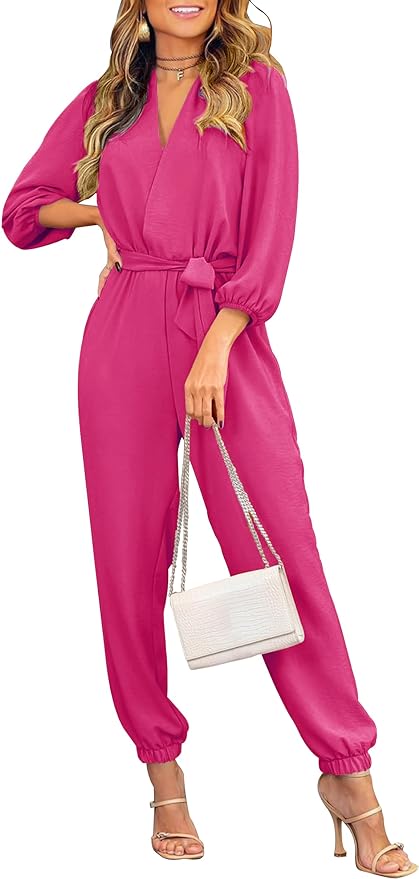 PRETTYGARDEN Women's Fall Jumpsuits Dressy Casual Pants Romper Spring Long Sleeve V Neck Belt Pockets One Piece Outfits