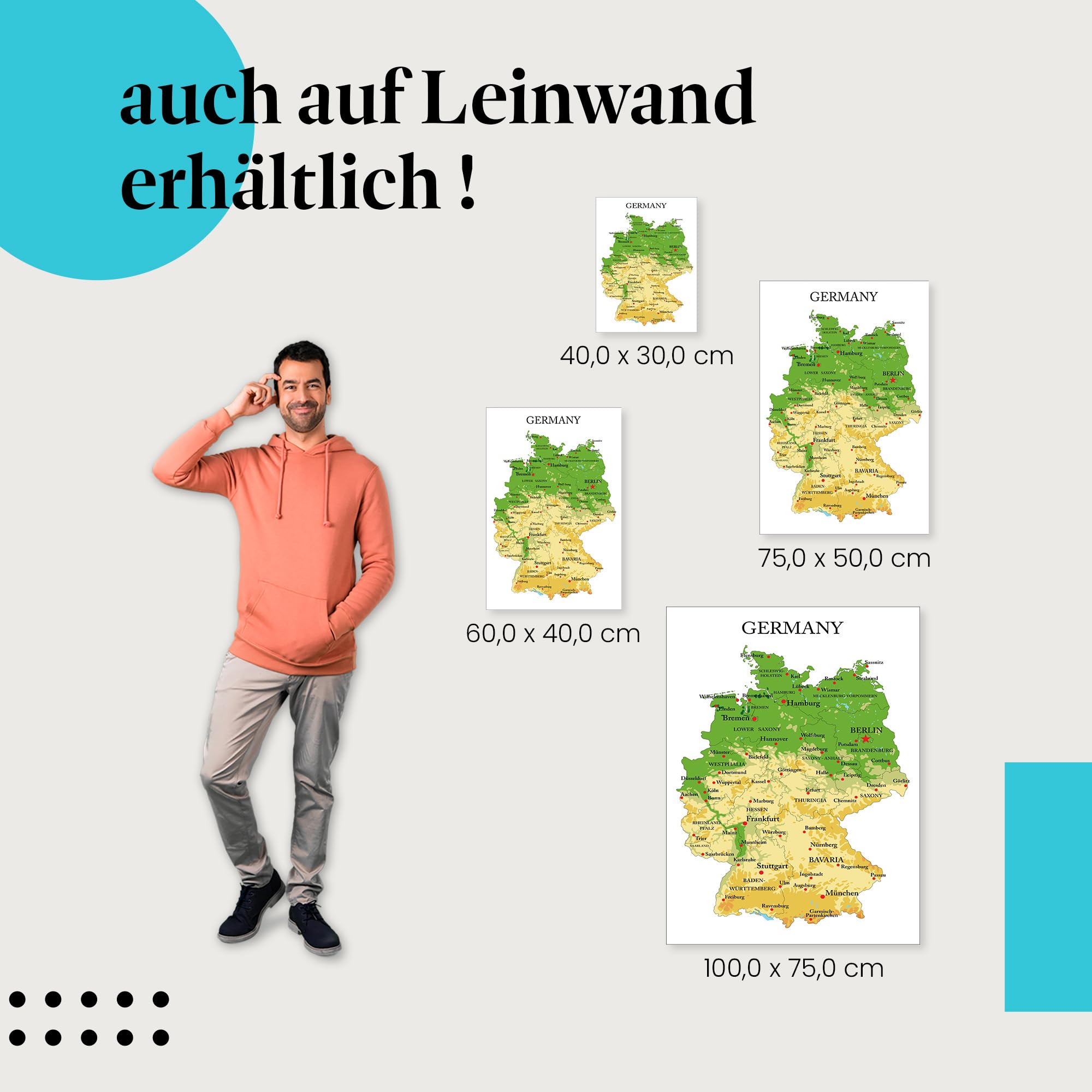 Postereck - 1189 - Deutschland Karte, Städte Englisch Bundesländer - Unterricht Klassenzimmer Schule Wandposter Fotoposter Bilder Wandbild Wandbilder - Leinwand - 100,0 cm x 75,0 cm