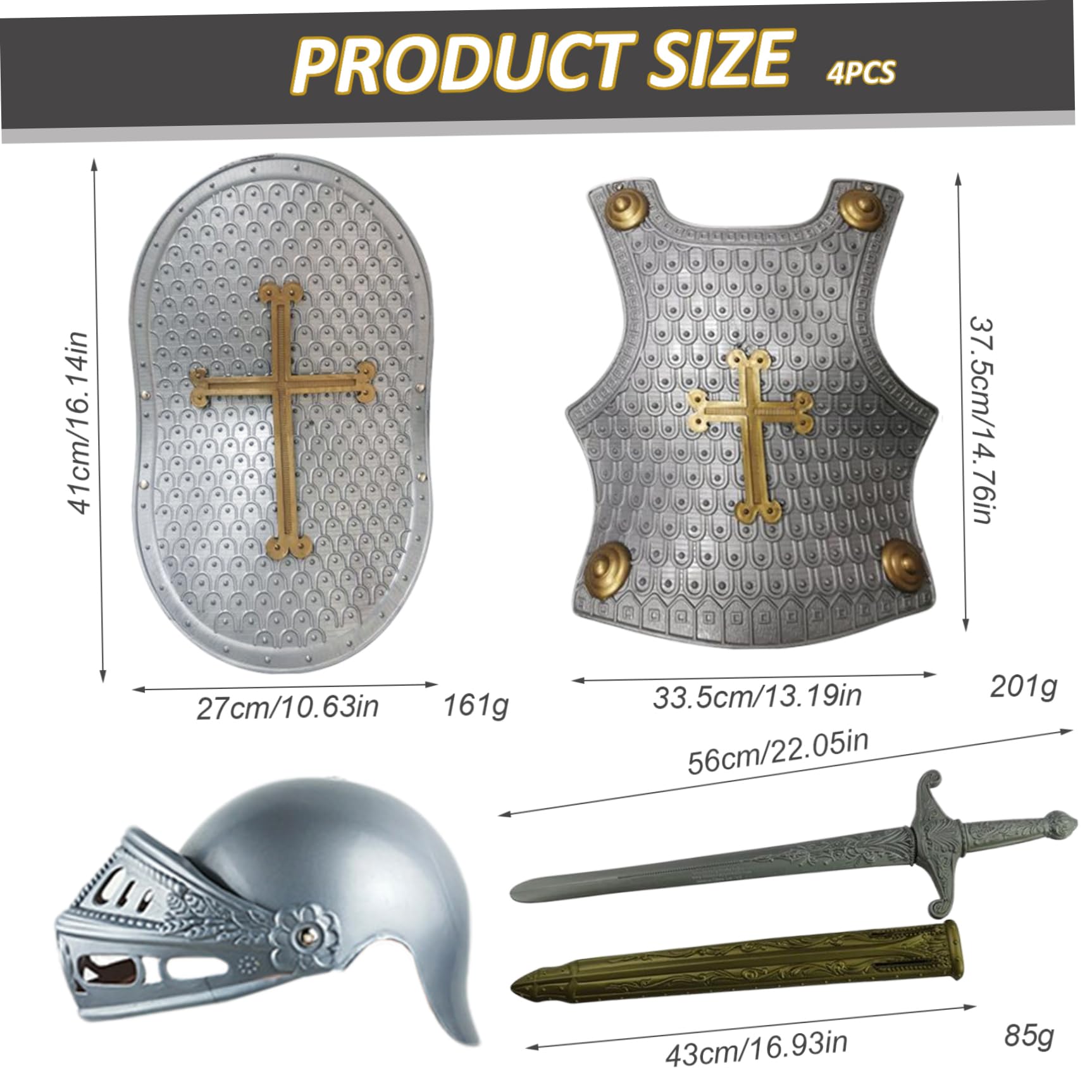 Ritterkostüm für Kinder, 4-teiliges Set mit Kreuzmuster, mittelalterliche Ritterrüstung, inklusive Helm, Schild, Schwert und Kinderkostümen für Rollenspiele, Cosplay, Halloween