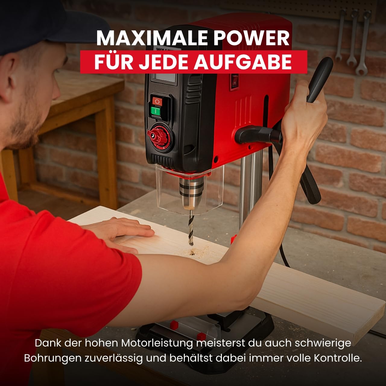WALTER Tischbohrmaschine 900 W mit Laserführung und LCD-Anzeige, 6 Drehzahlstufen, 40 mm Bohrtiefe in Holz, 13 mm in Stahl, massiver Gusseisentisch, für Heimwerker und Werkstatt