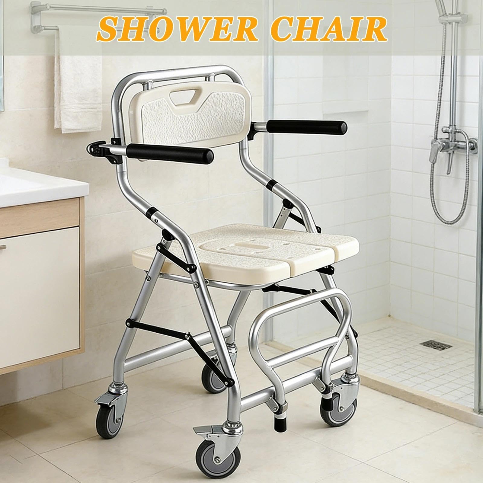 Silla de Ducha con Ruedas y Respaldo Desmontable, Carga 120kg