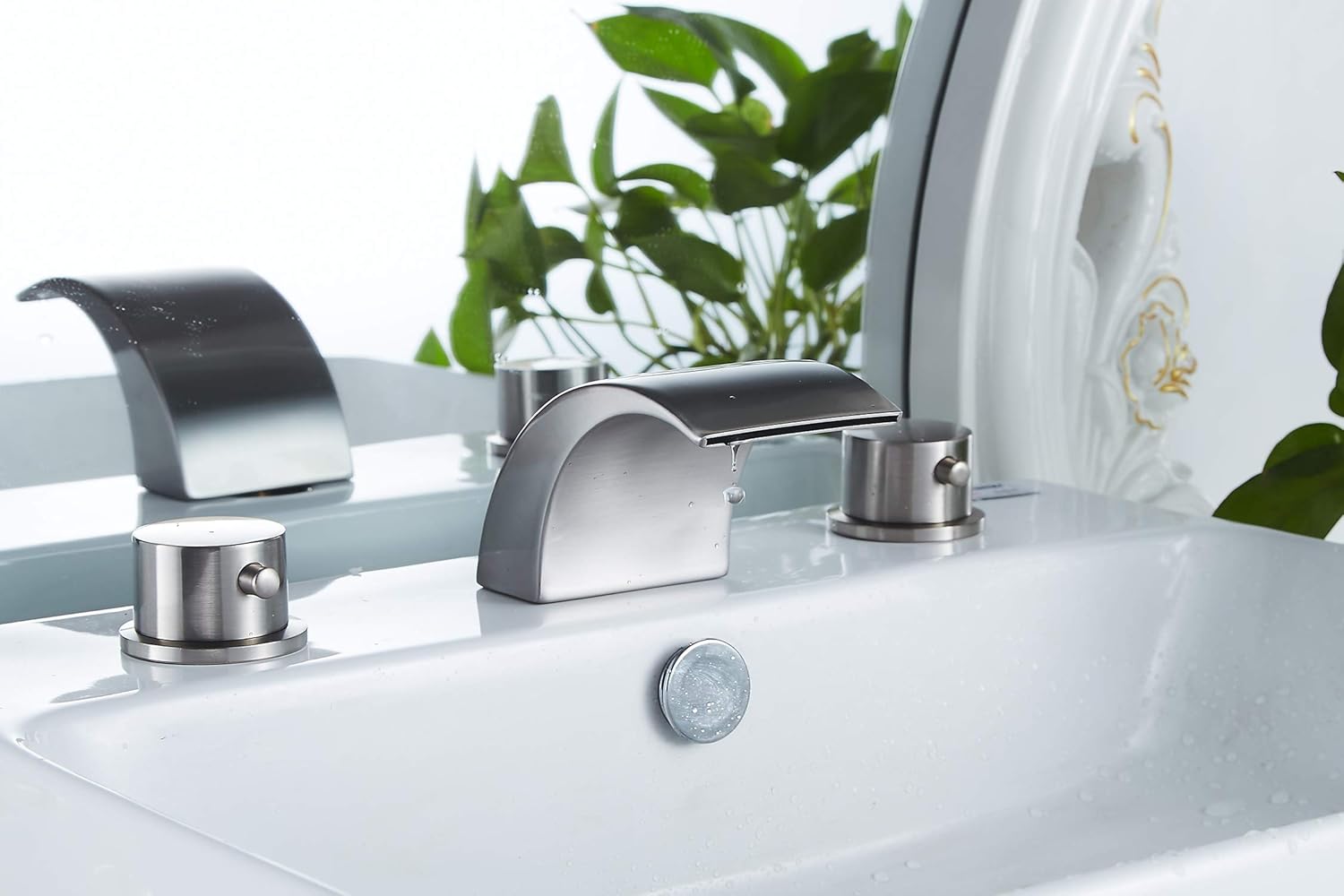 Review Product Bathroom Faucet Brushed Nickel GGStudy 2 Handle 3 Hole 8inch Widespread Bathroom Sink Faucet Led Light 3 Colors No Need Battery Waterfall Bathroom Vanity Faucet