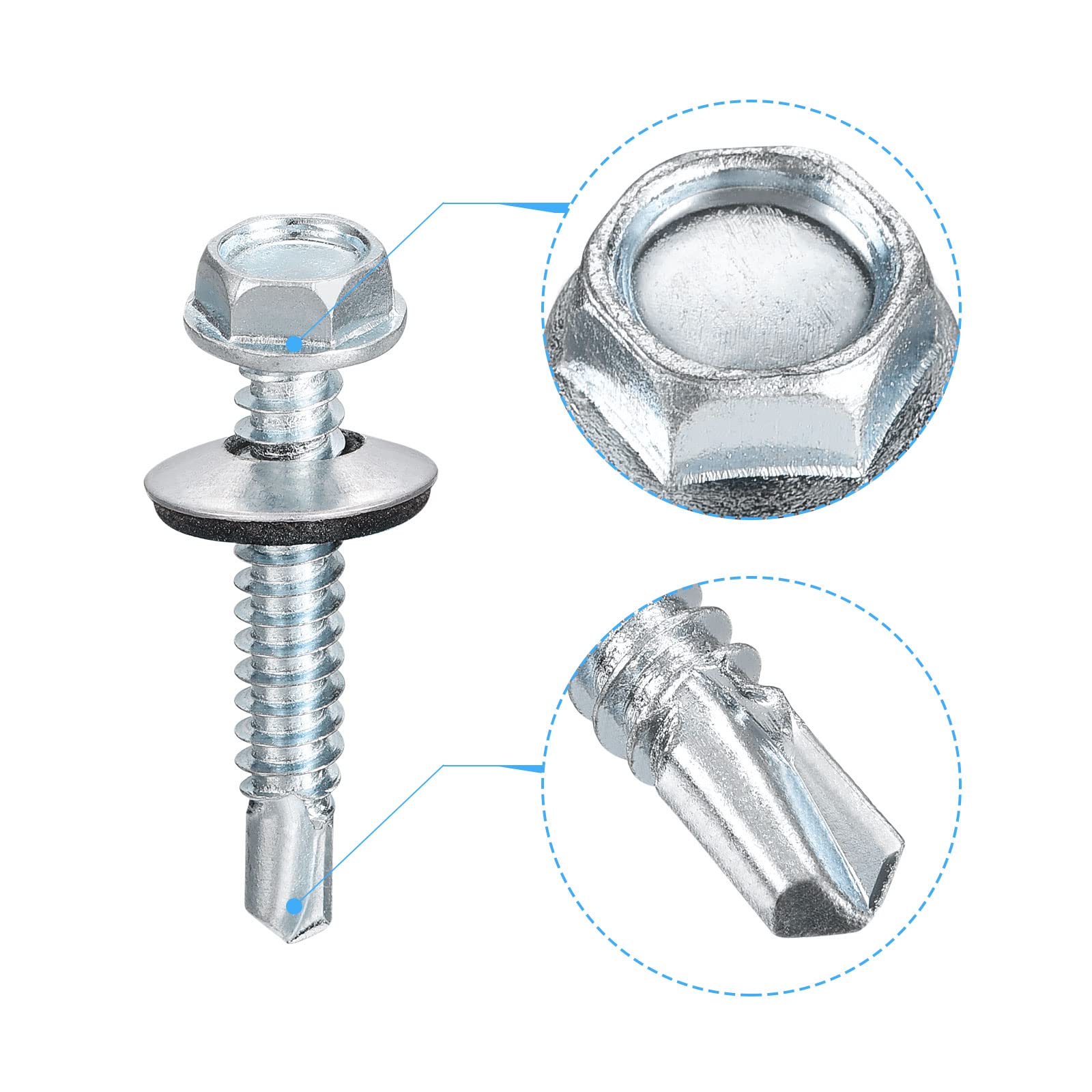 uxcell Tornillos autoperforantes de 1-1/2 pulgadas con arandela de goma, 100 tornillos autorroscantes de cabeza hexagonal con arandela EPDM para metal a metal
