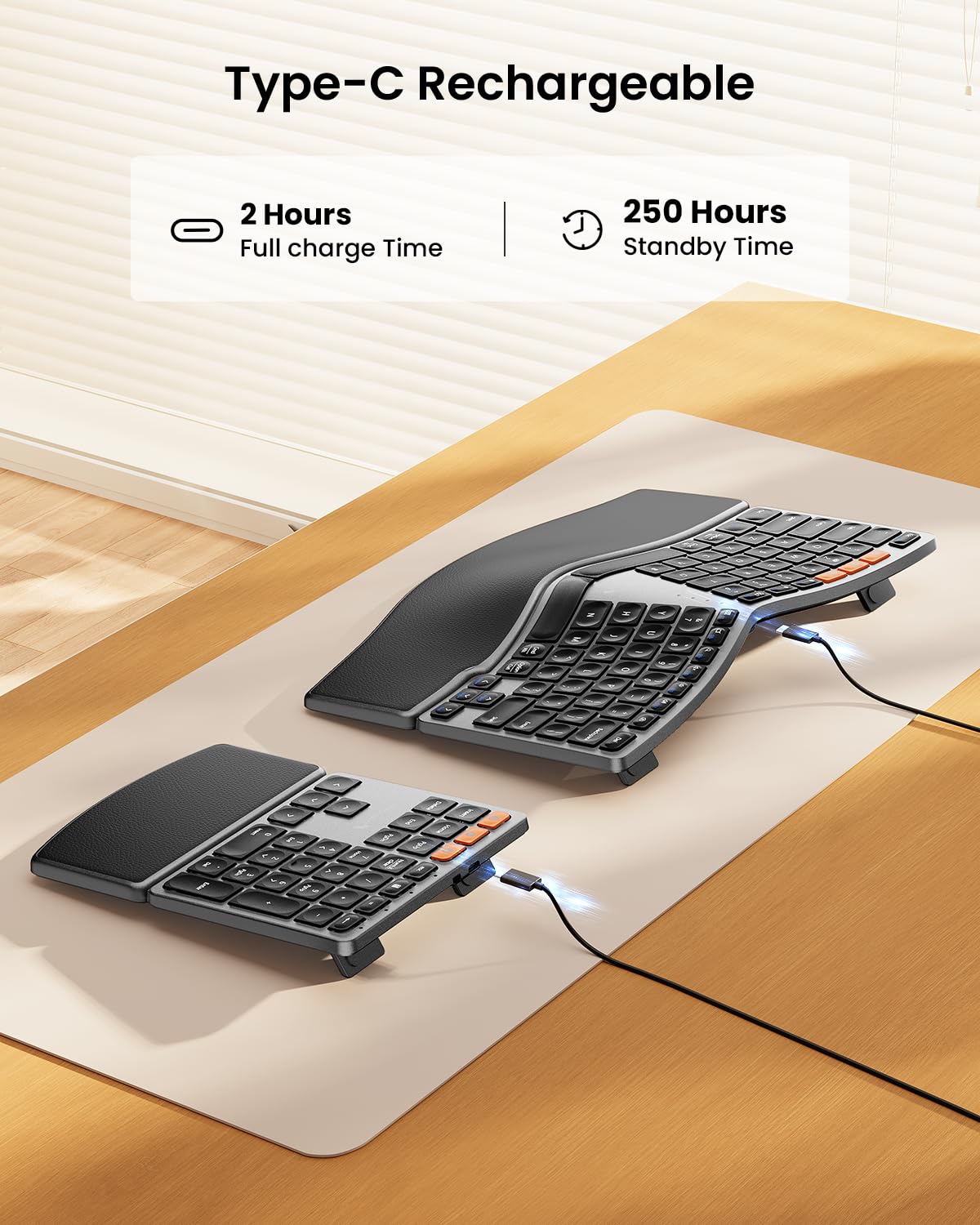 ProtoArc Clavier ergonomique sans fil avec pavé numérique séparé - Gris sidéral