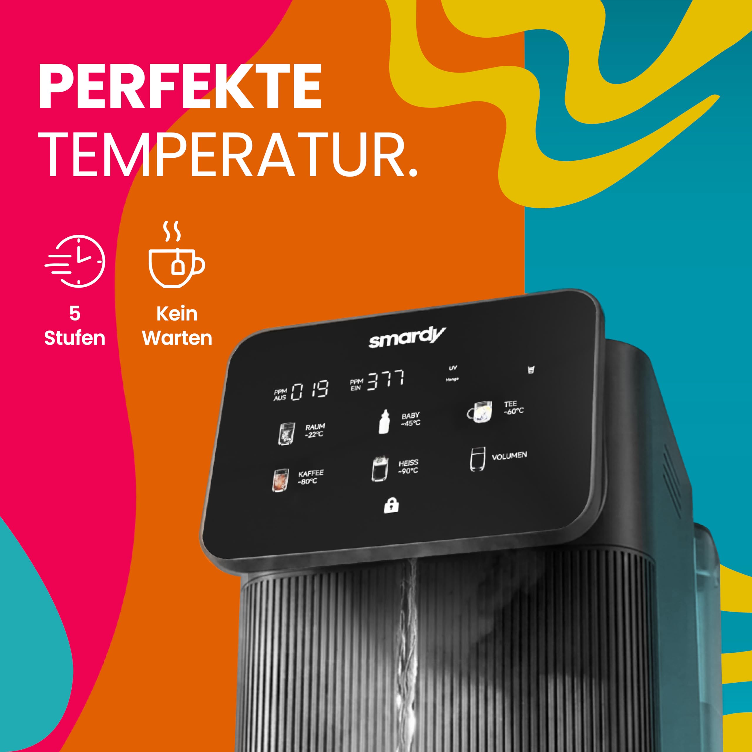 smardy blue tayma Osmoseanlage Auftisch – Umkehrosmoseanlage mit 5 Temperaturen & Heißwasser bis 90 °C, 5-stufige Wasserfilteranlage für Trinkwasser, ohne Festwasseranschluss, mobil für Küche & Van
