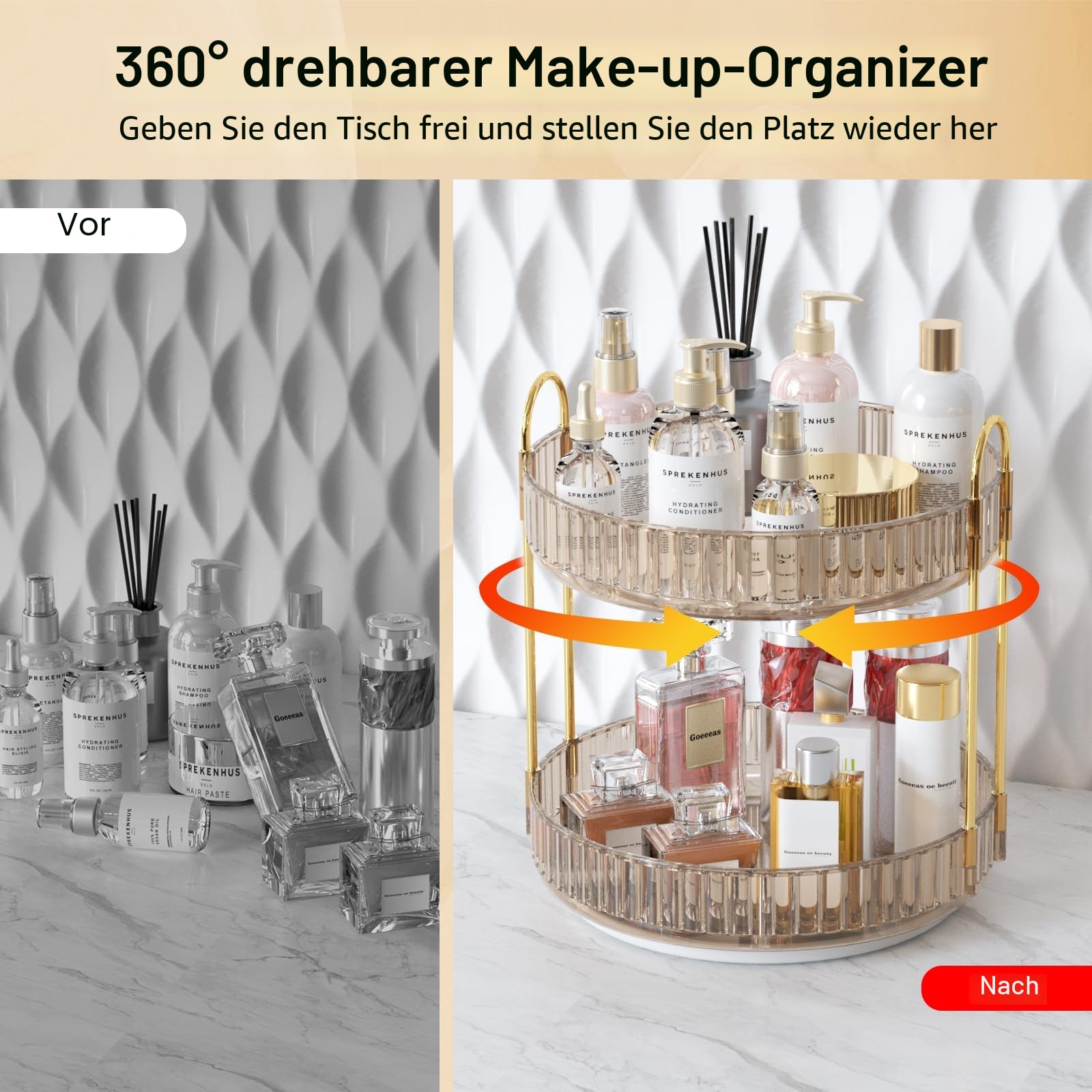 MOACC Make Up Kosmetik Organizer, 360° Drehbar Aufbewahrung, Schmink Organizers für Dresser Schminktisch Skincare Aufbewahrungssystem, 2 Schichten, Bernstein