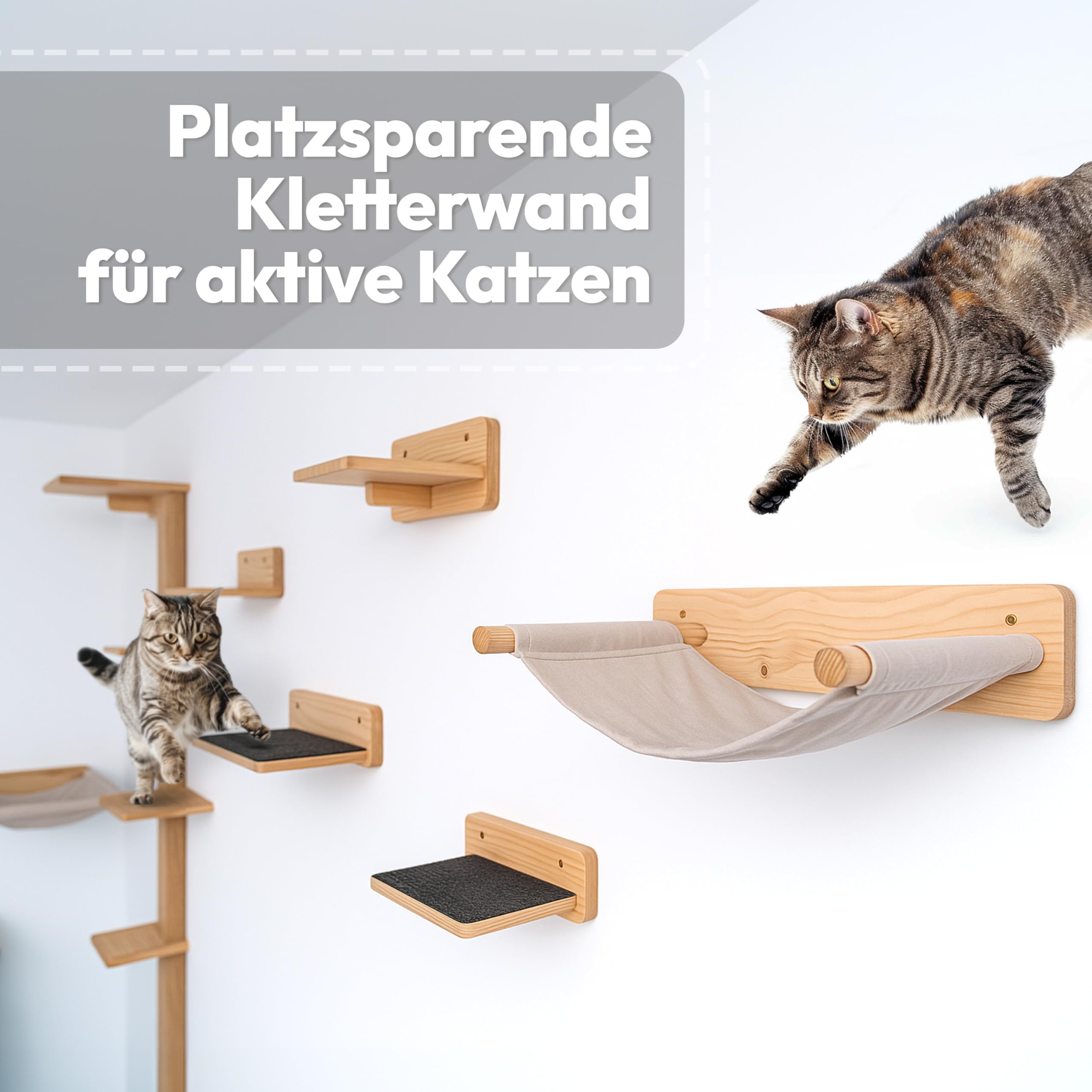 Katzen Wand-Hängematten Set – 2 Hängematten & 3 Plattformen aus Massivholz & Sisal Modularer Katzen Kletterwand-Turm für Wandmontage stabile Schlafplätze & Kletterwege